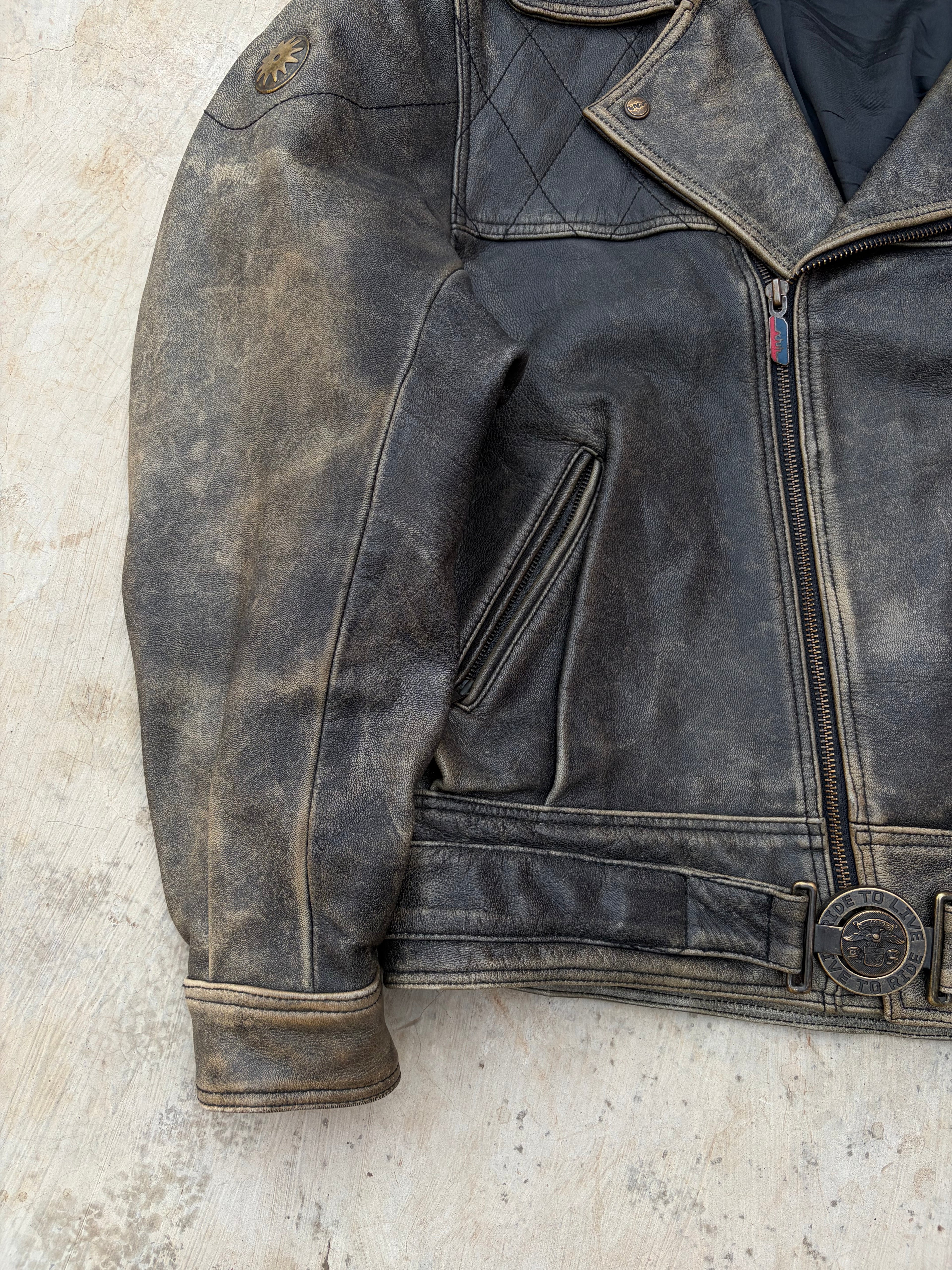 Vintage 90s Sunfaded Leather Biker Jacket XL