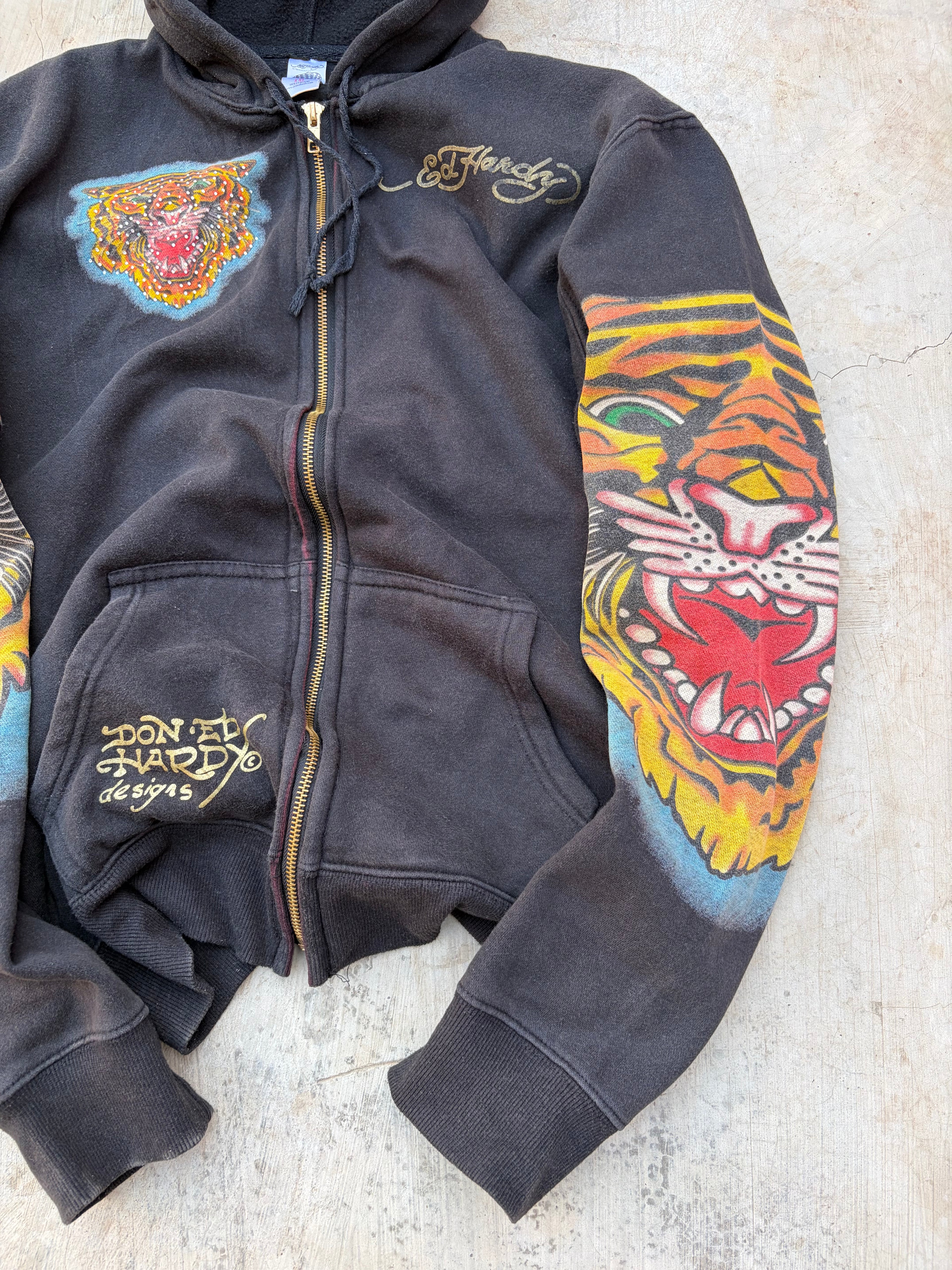 00s Ed Hardy Rhinestone Tiger Graphic Zip-Up Hoodie L