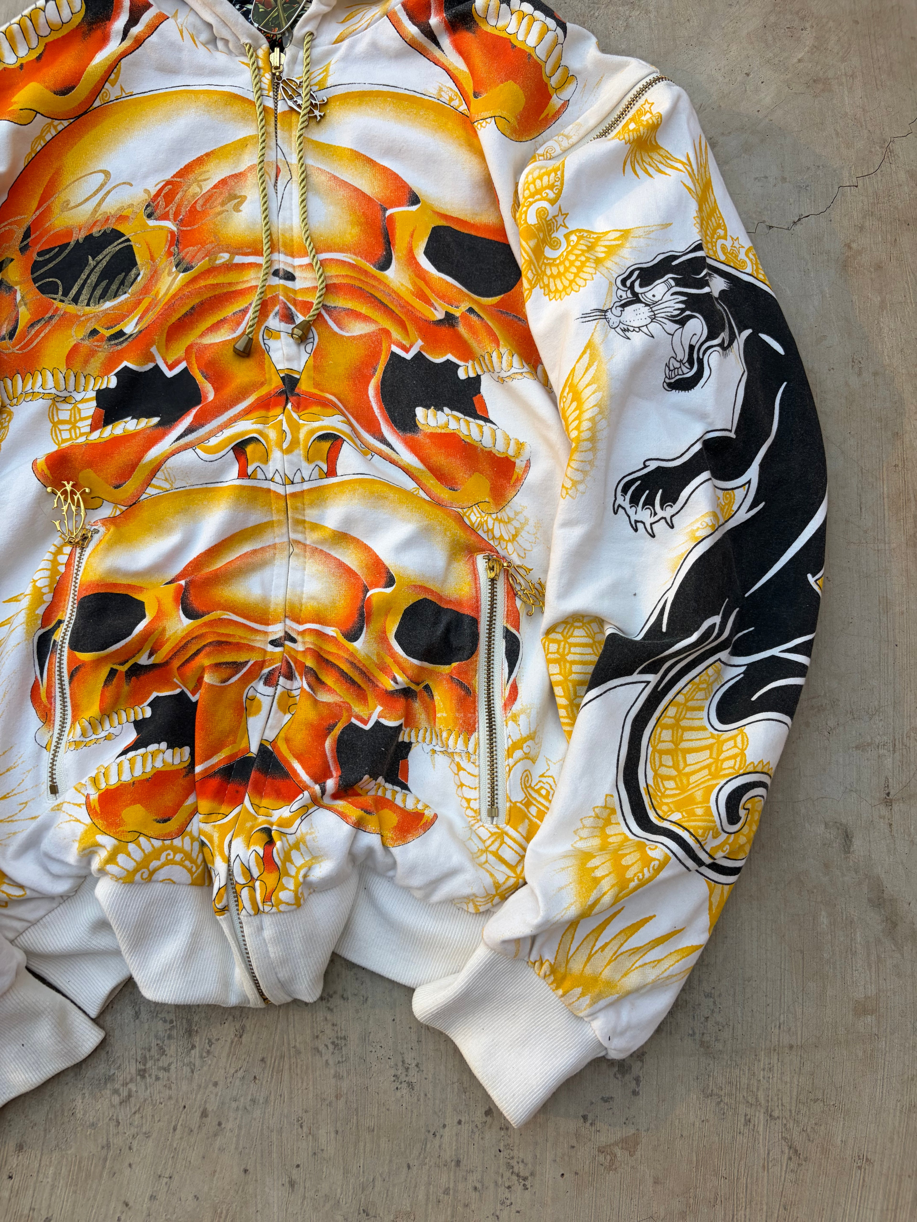 Christian Audigier Reversible Skull Hoodie Detachable Sleeves Y2K Rare L
