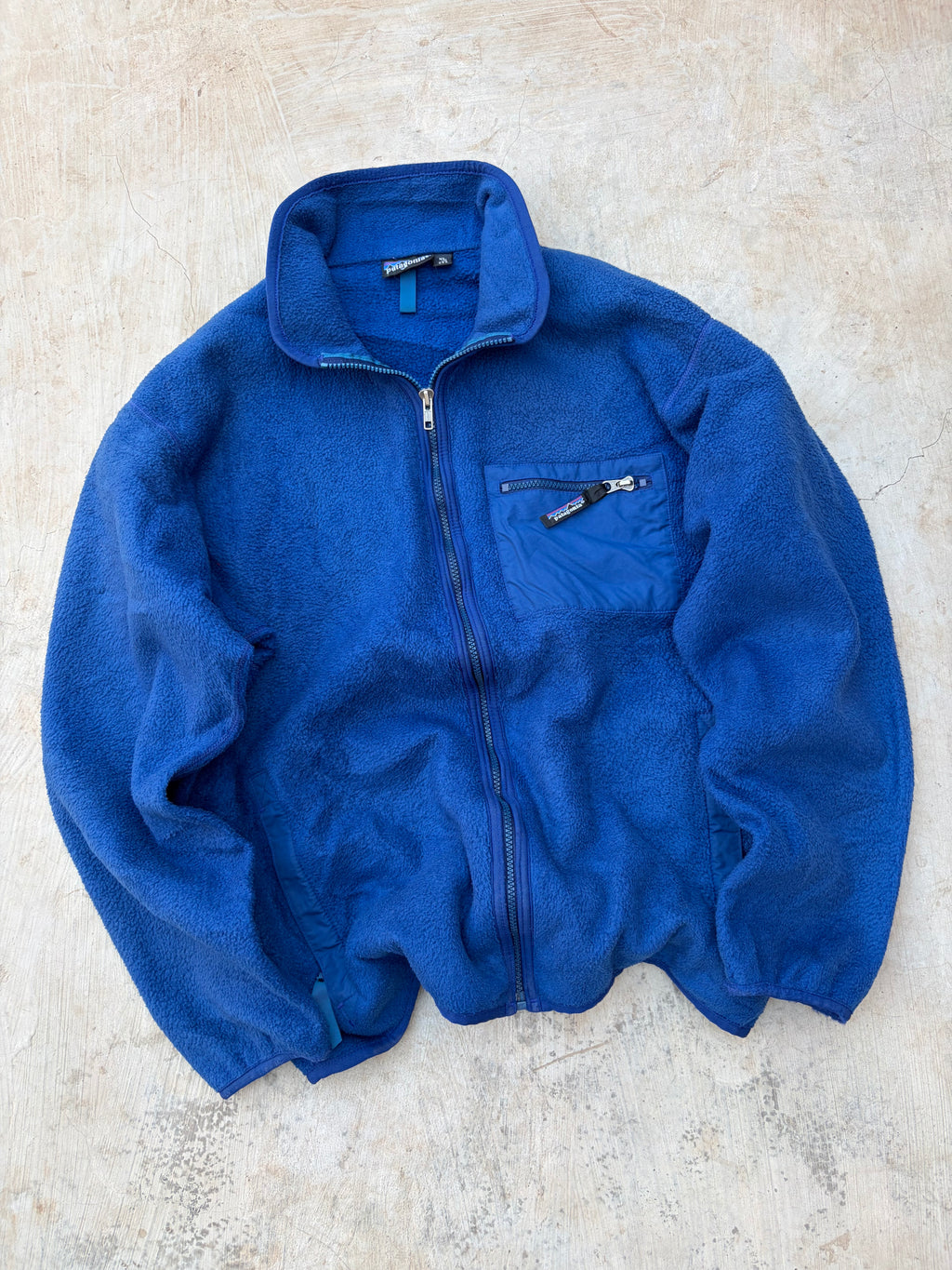 Patagonia Vintage Fleece Jacket Made In USA Blue Full Zip Chest Pocket L/XL