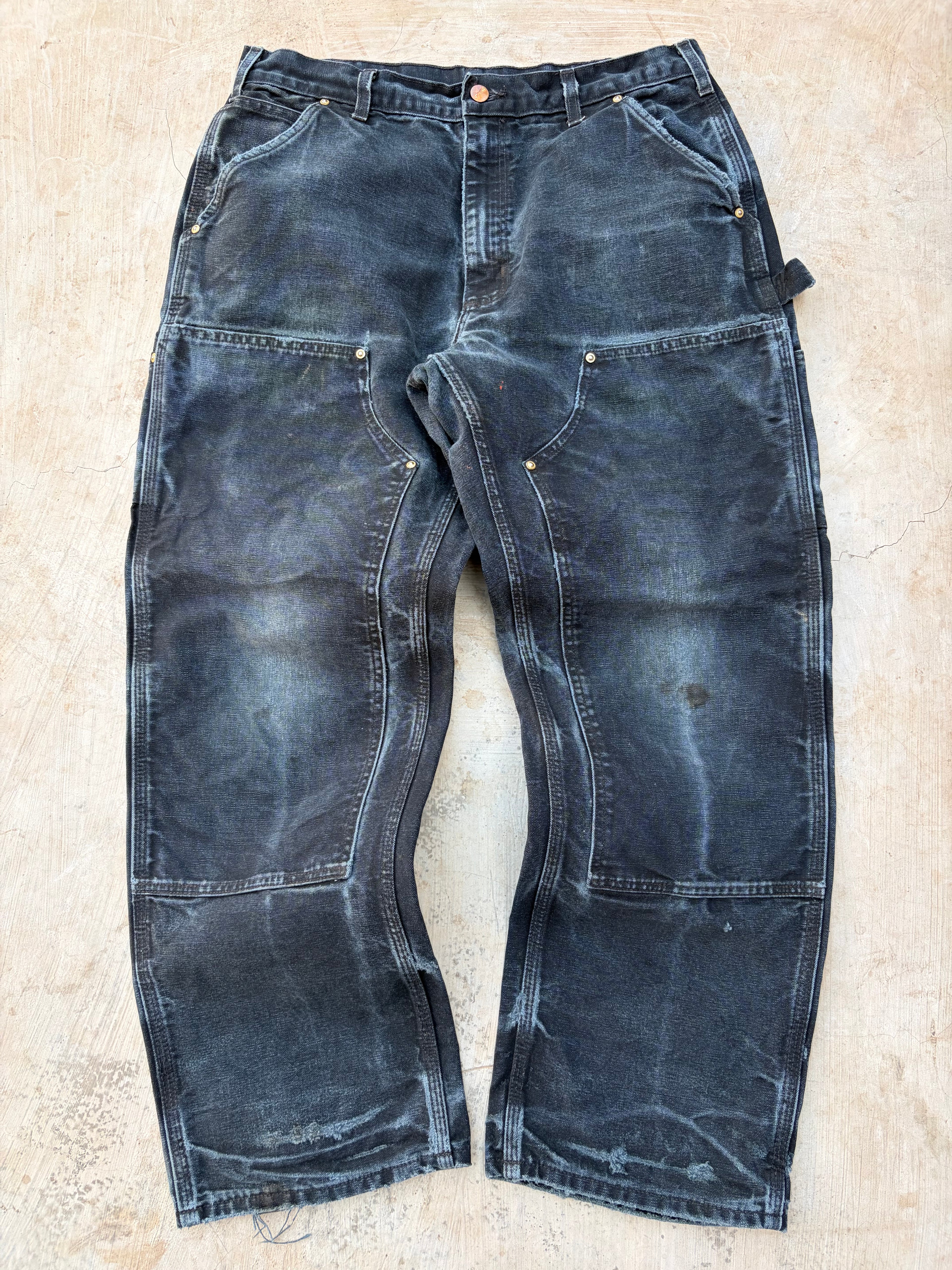 Carhartt Double Knee Carpenter Jeans Distressed Faded Black Workwear 34×30