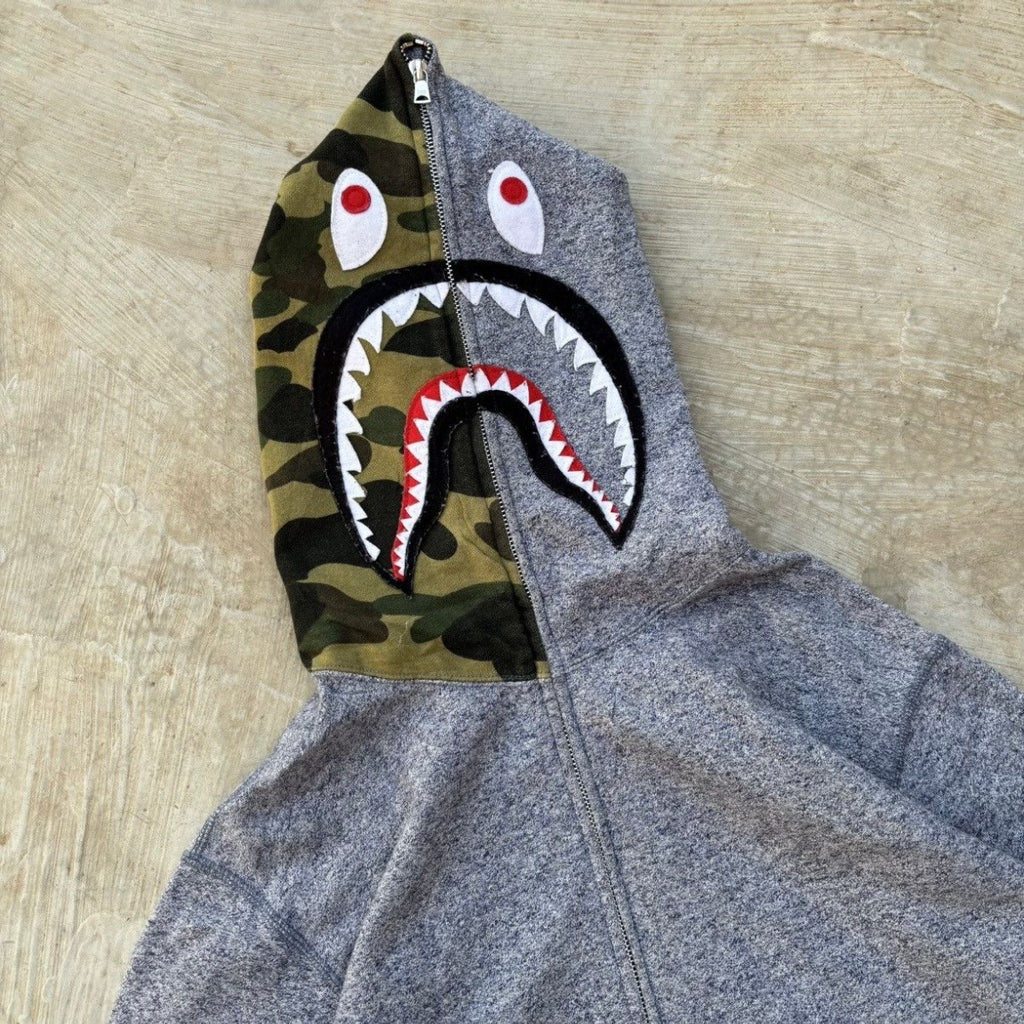 Vintage Bape Heather Shark Full Zip Up Hoodie L