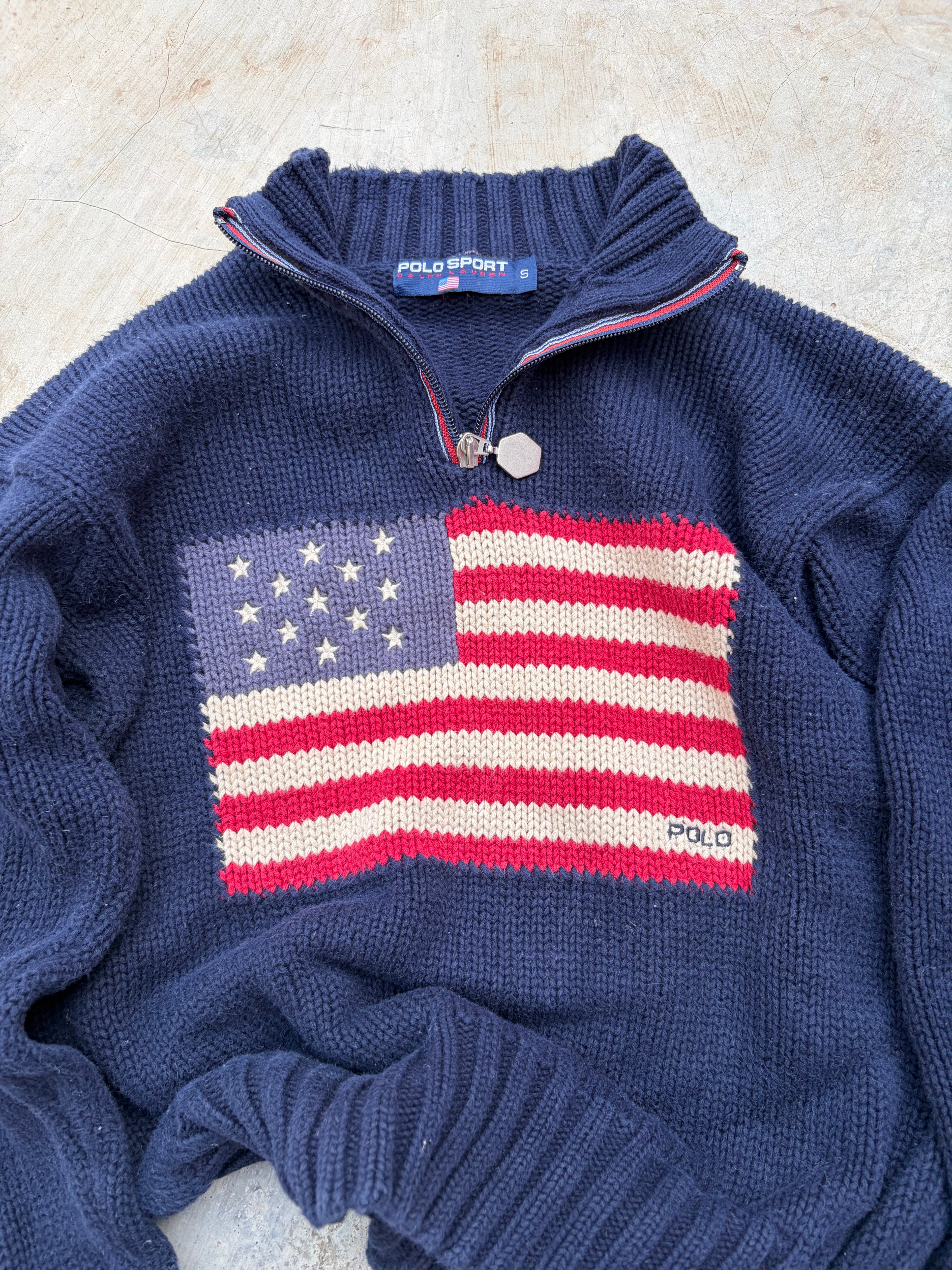Vintage 90s Polo Sport Ralph Lauren Flag Quarter Zip Knitwear S
