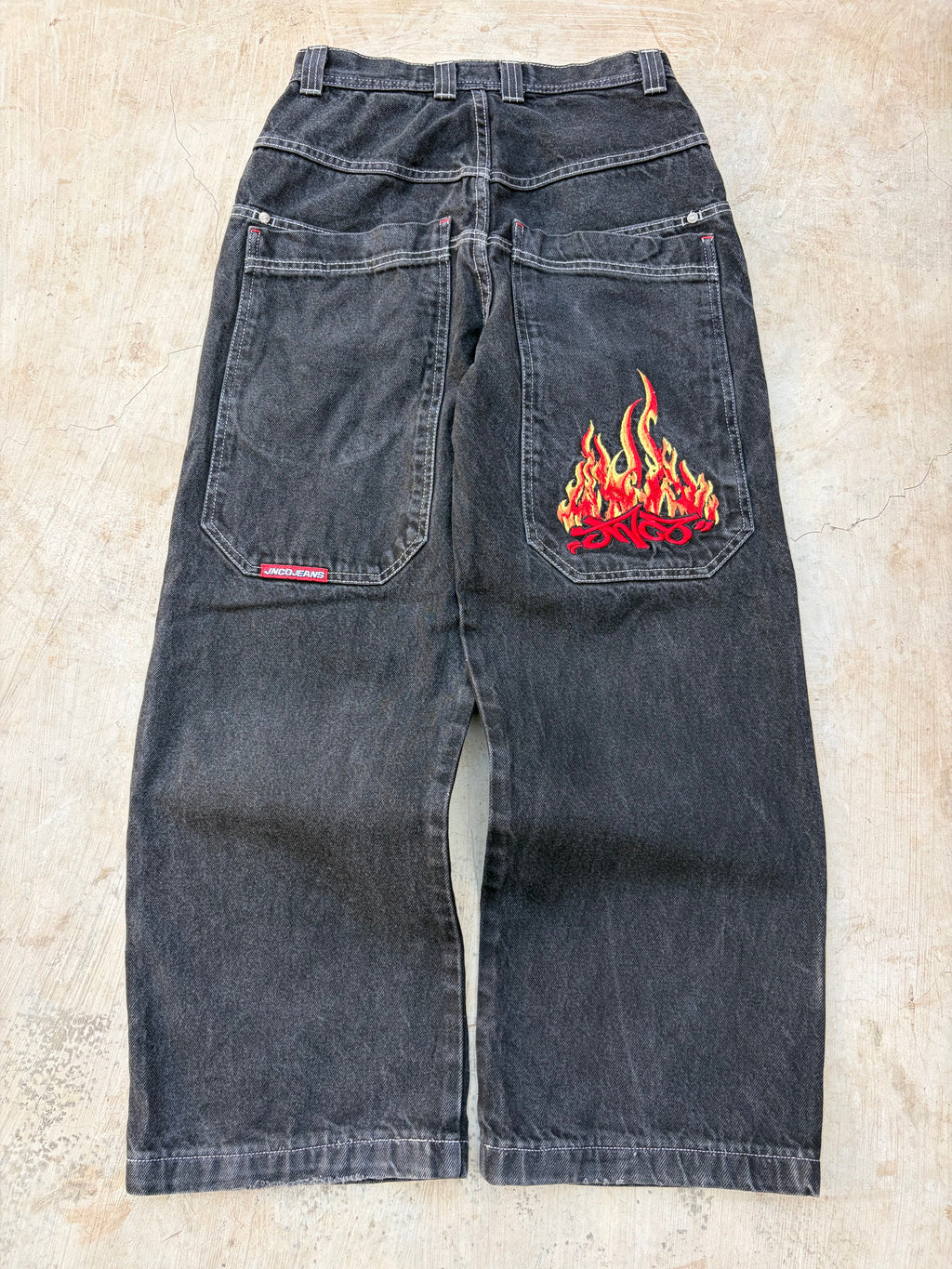 JNCO Jeans Vintage Black Denim Flame Logo Wide Leg Baggy Skater Y2k 28