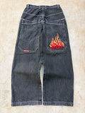 JNCO Jeans Vintage Black Denim Flame Logo Wide Leg Baggy Skater Y2k 28