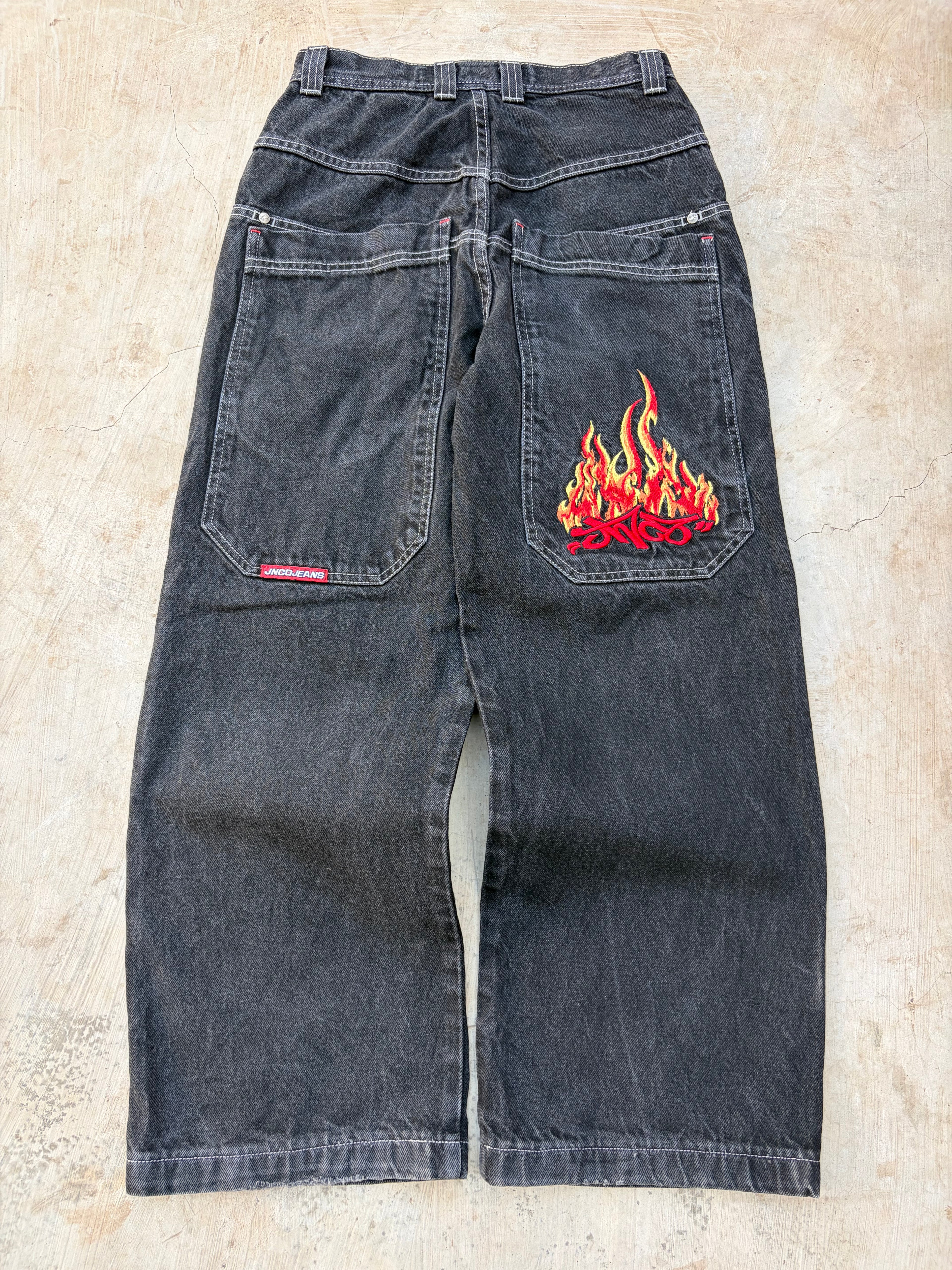 JNCO Jeans Vintage Black Denim Flame Logo Wide Leg Baggy Skater Y2k 28