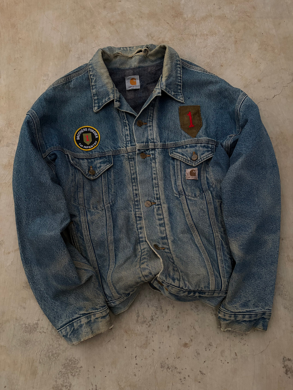 Vintage 90s Carhartt Denim Jacket 1st Infantry Division Vietnam Veteran XL