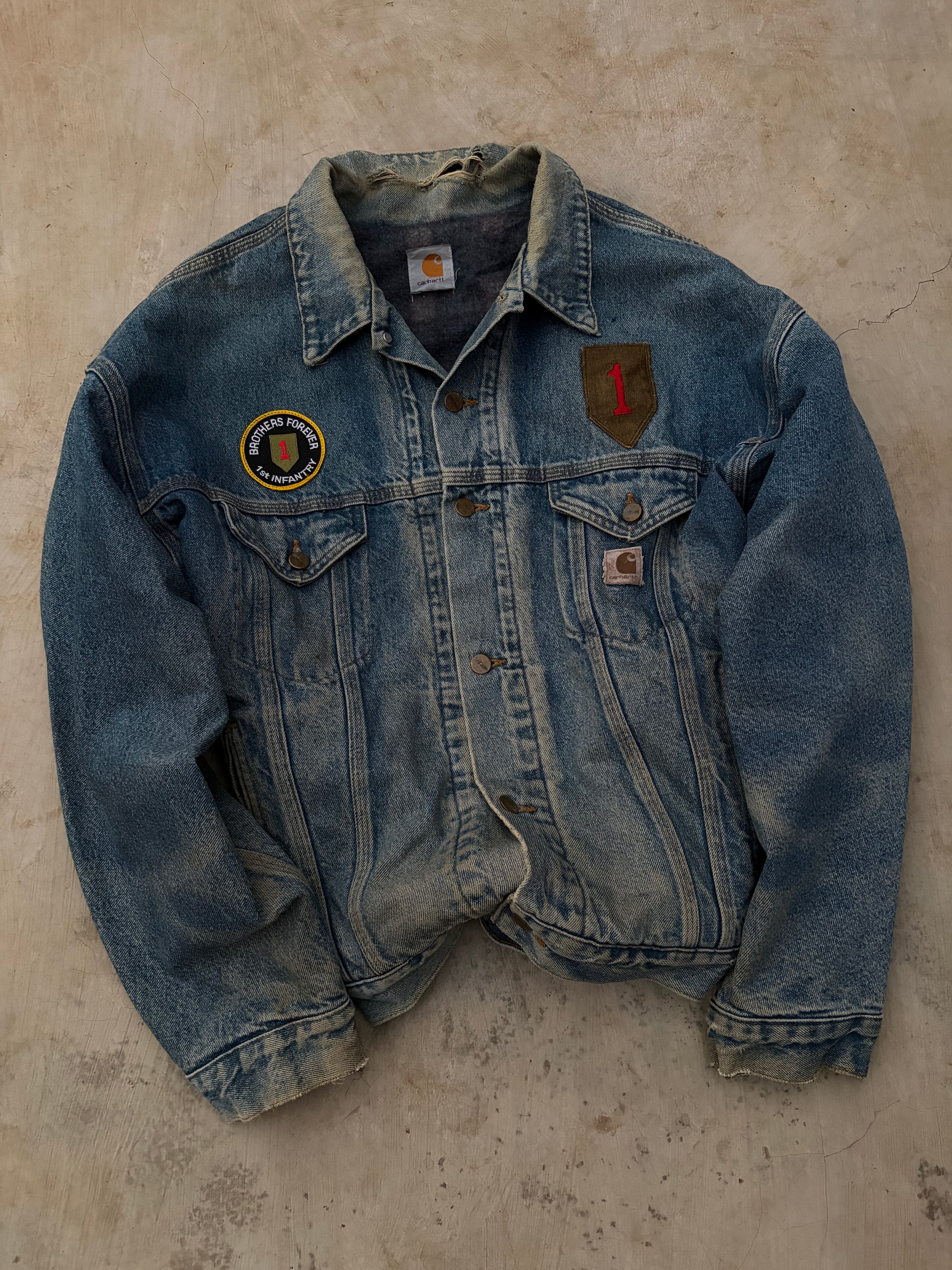 Vintage 90s Carhartt Denim Jacket 1st Infantry Division Vietnam Veteran XL