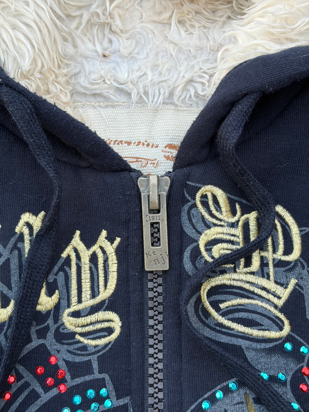 Vintage Y2K Really Point Rhinestone All-Over-Print (AOP) Sherpa-Lined Zip Hoodie XL