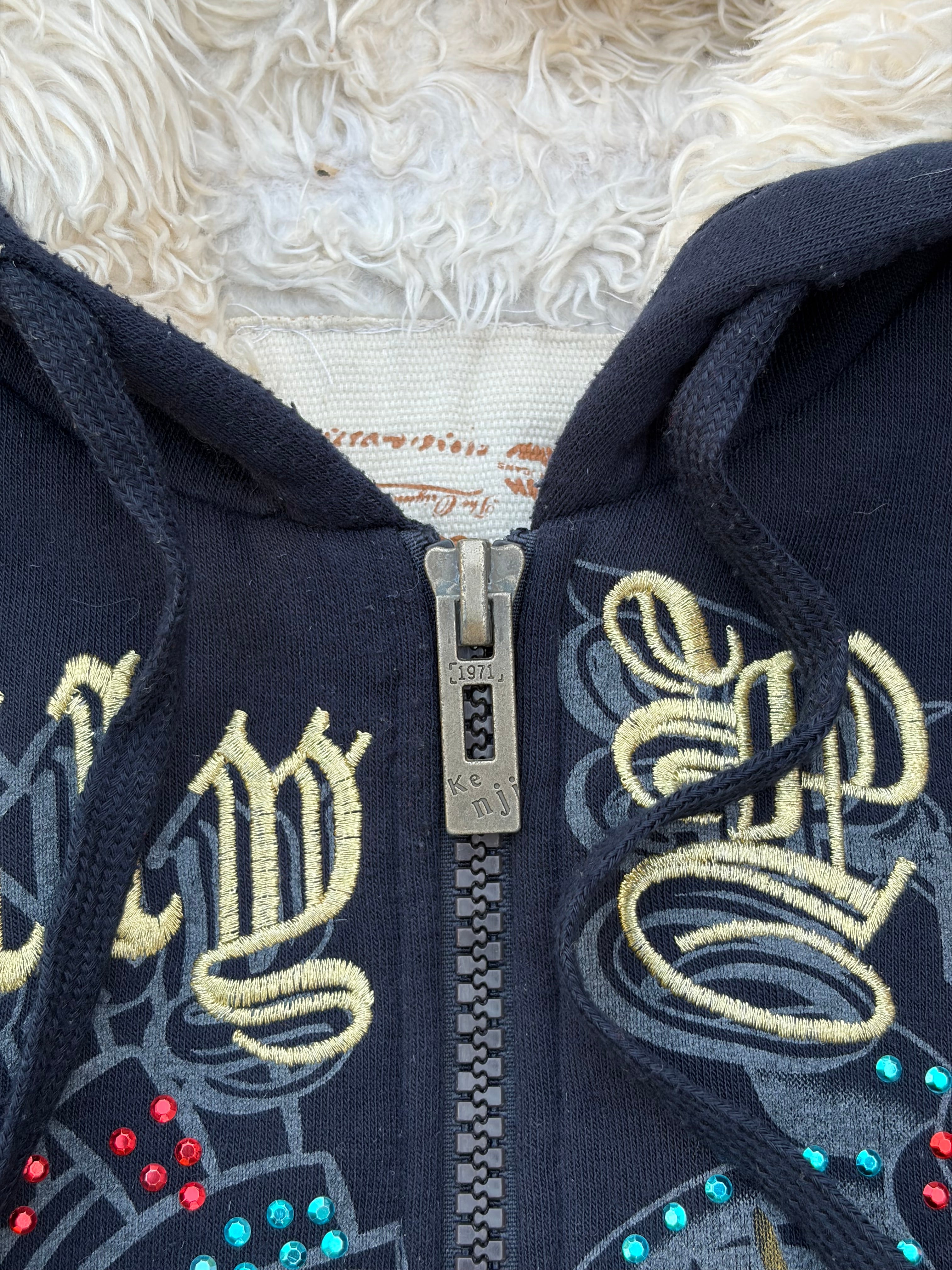 Vintage Y2K Really Point Rhinestone All-Over-Print (AOP) Sherpa-Lined Zip Hoodie XL