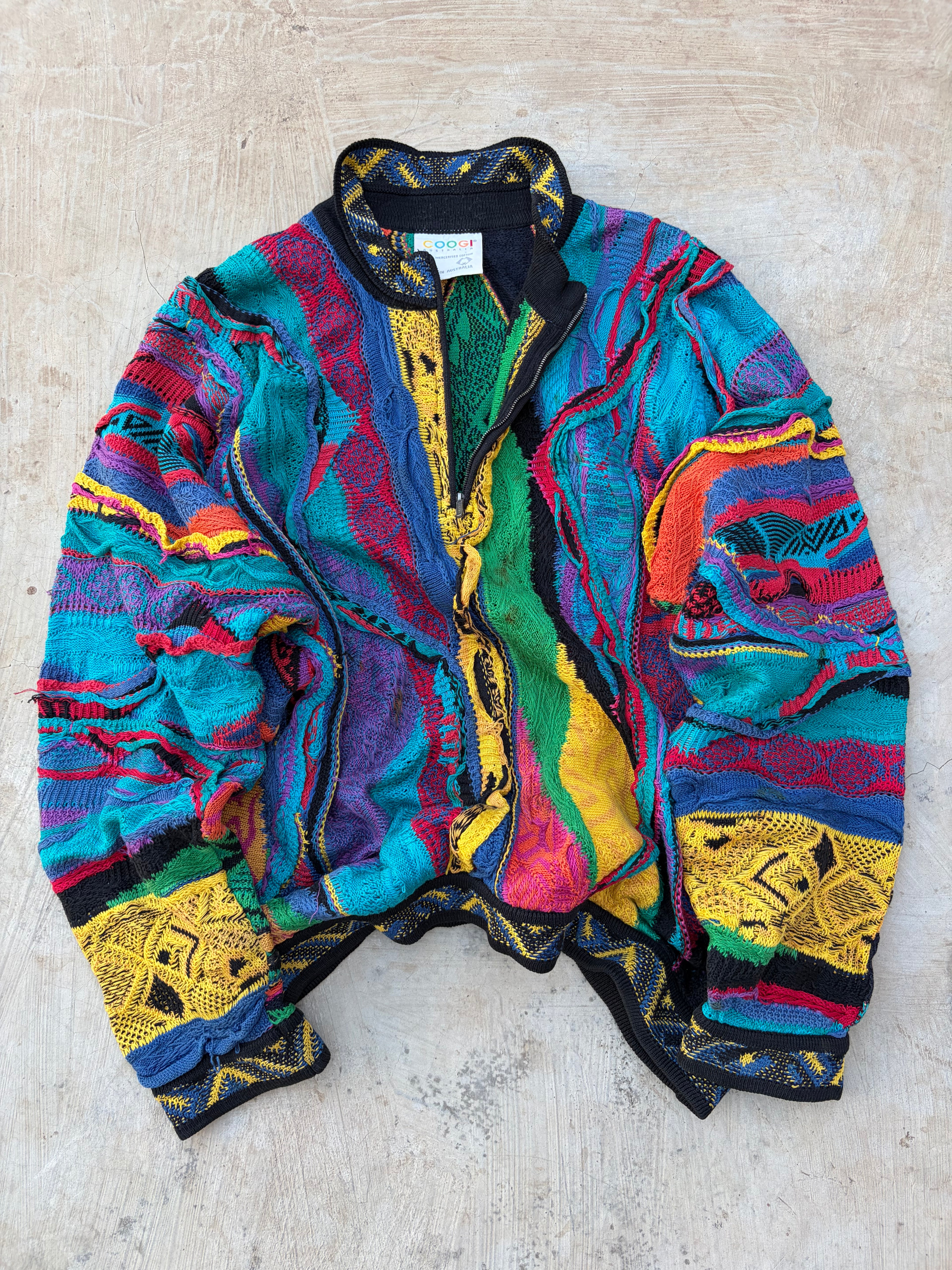 Vintage 90s COOGI Australia 3D Mercerised Cotton Zip Knit Sweater S