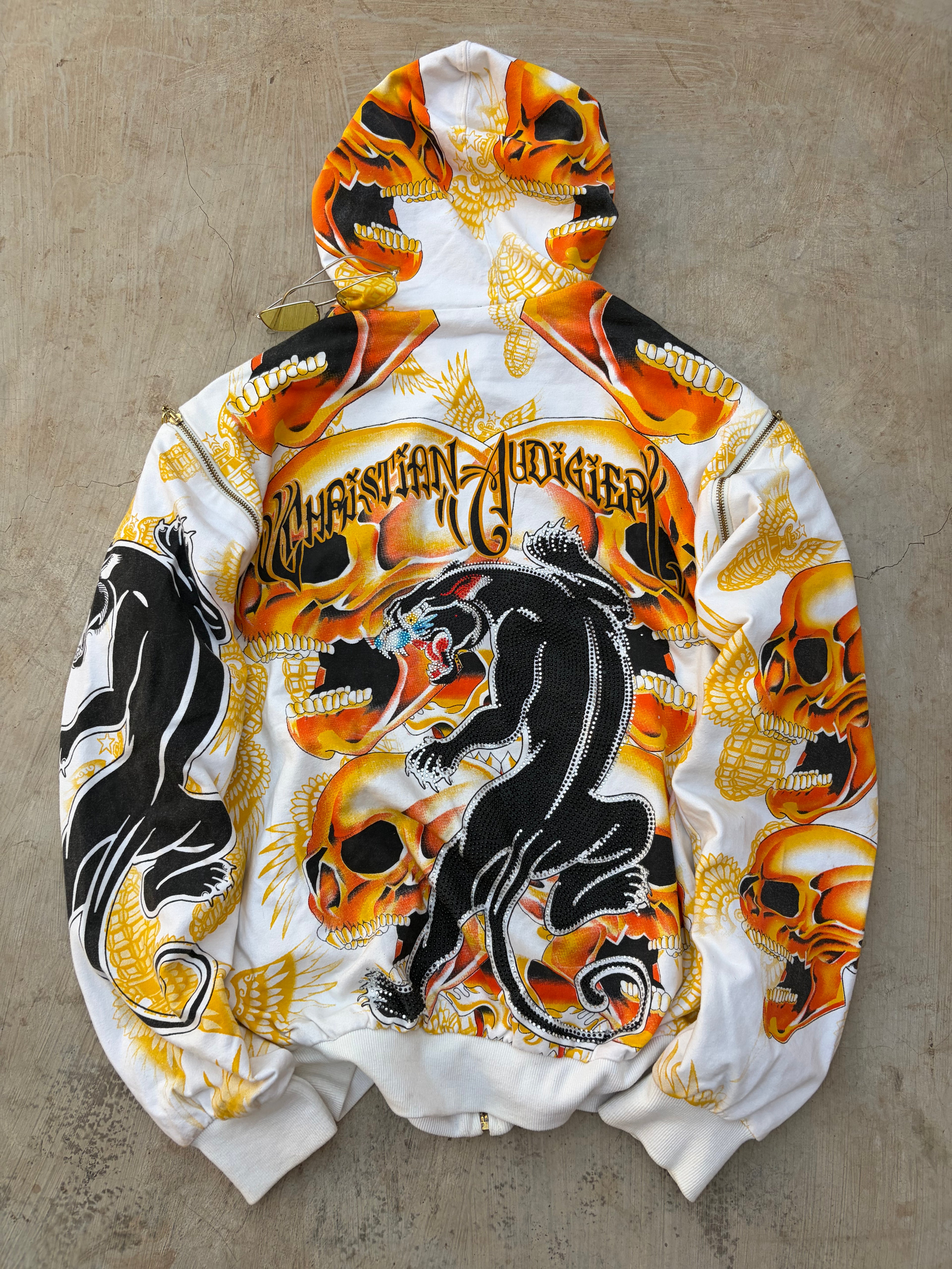 Christian Audigier Reversible Skull Hoodie Detachable Sleeves Y2K Rare L