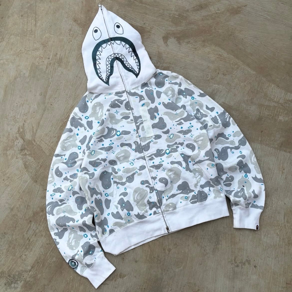 Bape White Camo Shark Zip Up Hoodie (Glow in the Dark) L