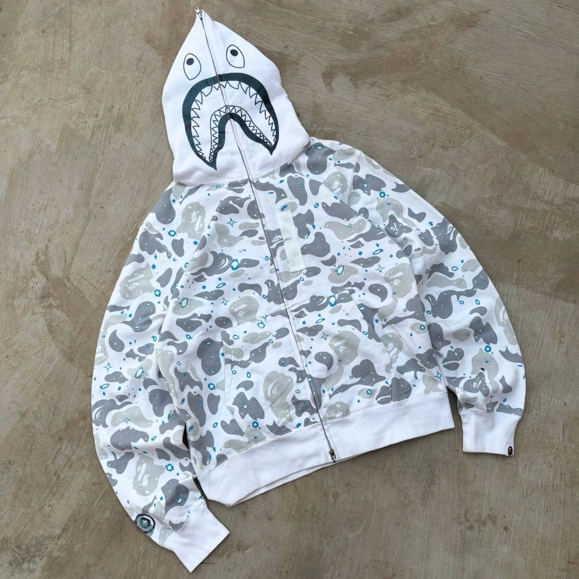 Bape White Camo Shark Zip Up Hoodie (Glow in the Dark) L