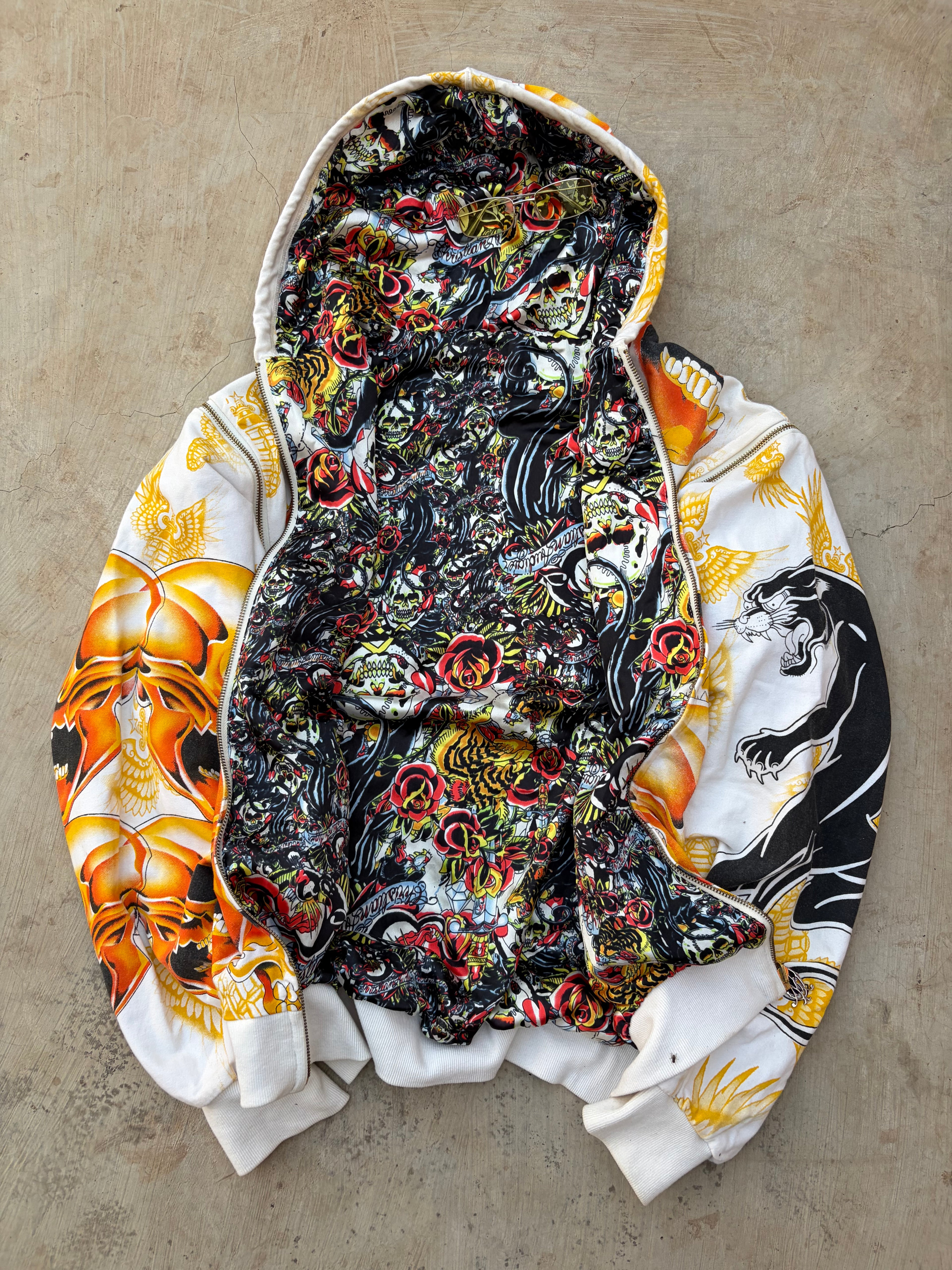 Christian Audigier Reversible Skull Hoodie Detachable Sleeves Y2K Rare L
