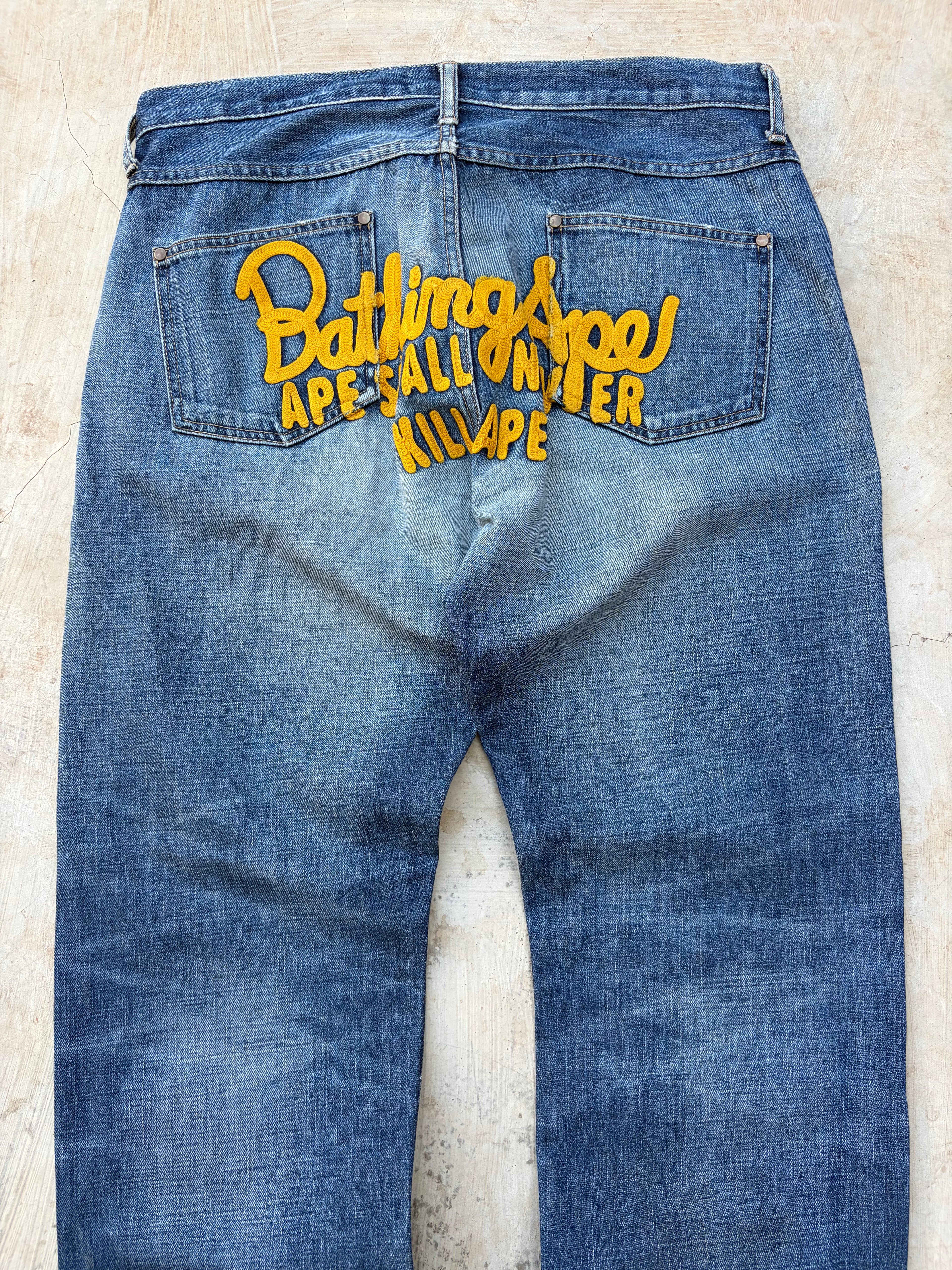 Vintage BAPE Bathing Ape Denim Jeans Big Logo Back Embroidery Y2K 34