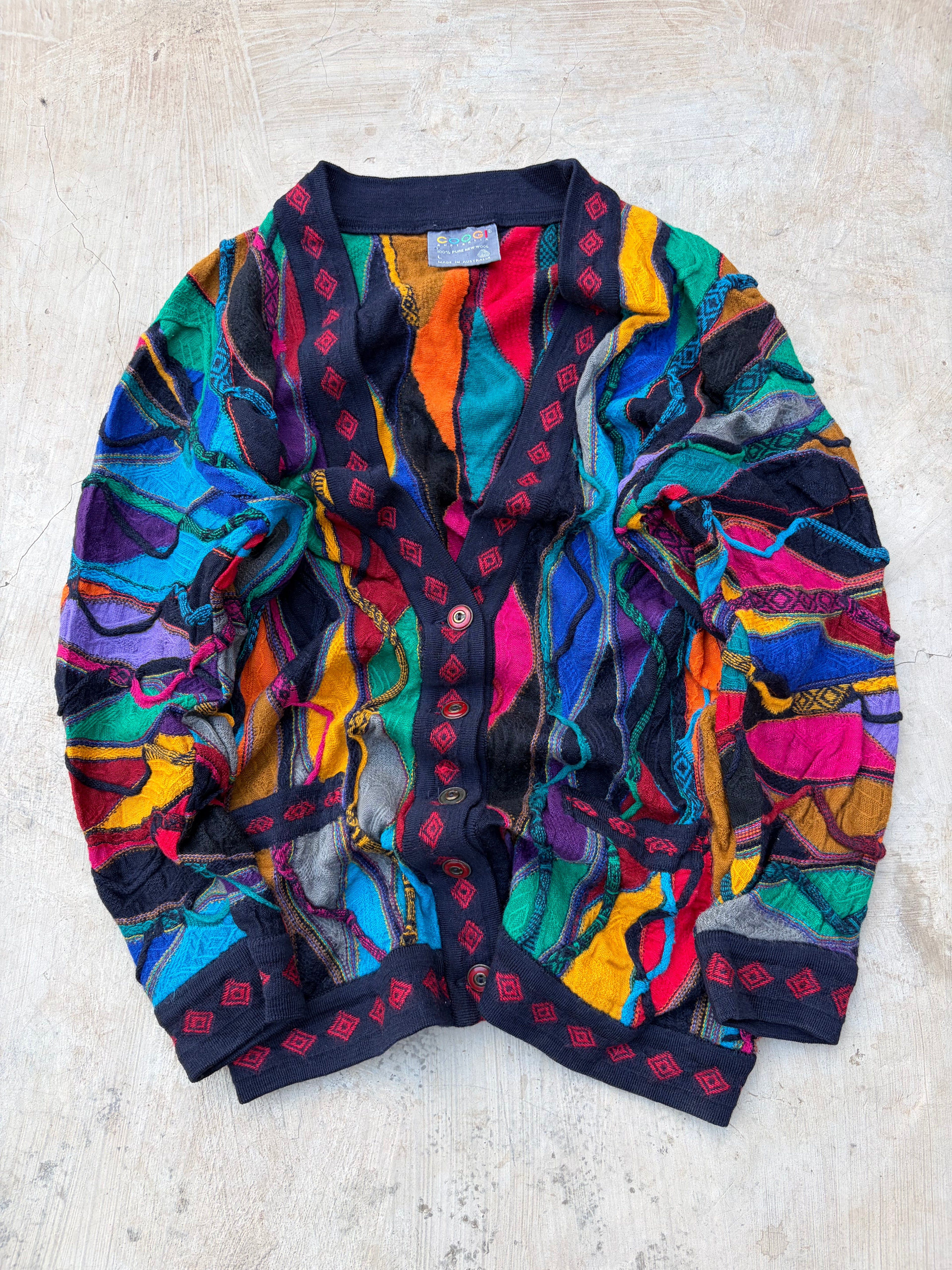 Vintage 90s Coogi Australia 3D Knit Pure New Wool Cardigan Sweater L