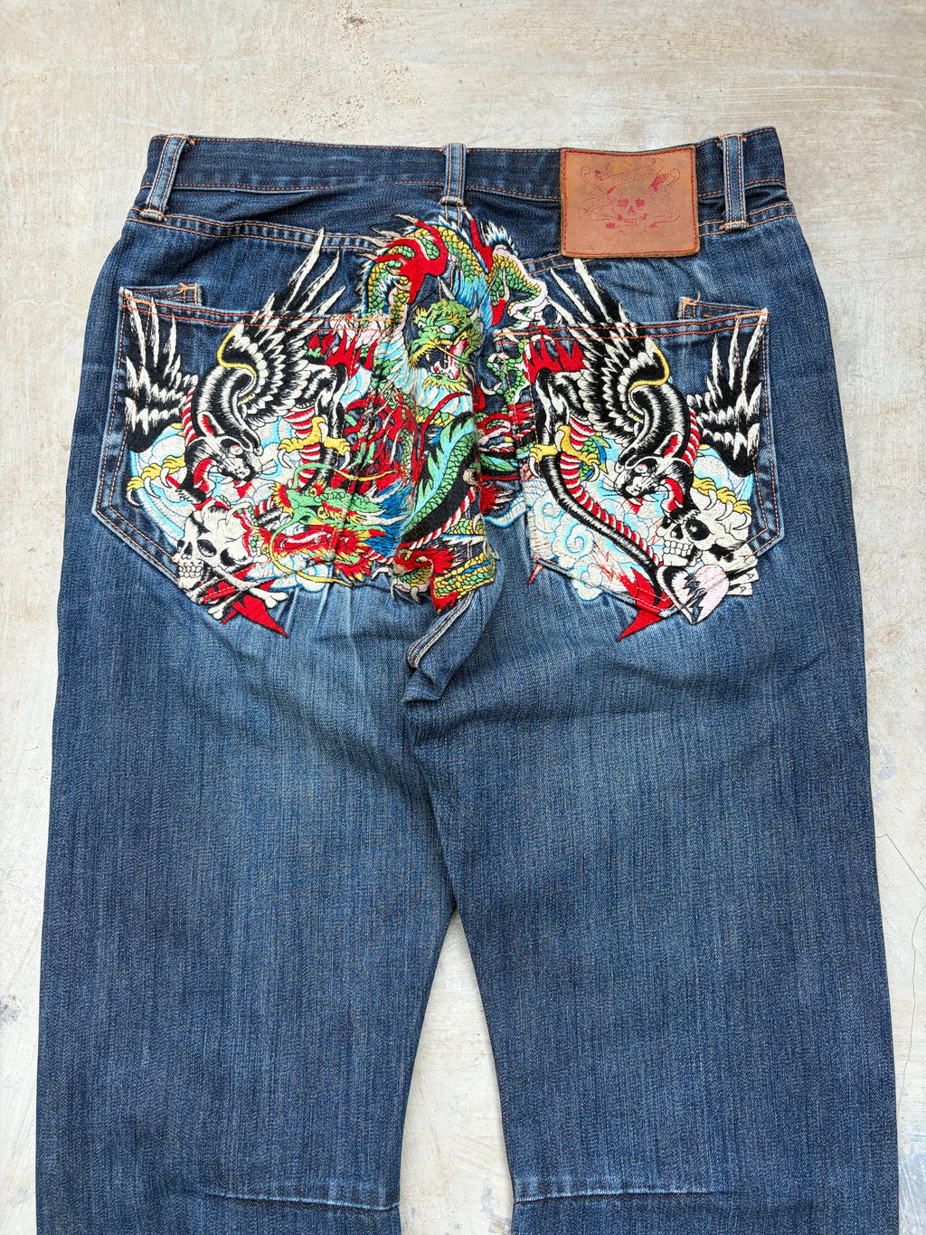 Vintage 00s Ed Hardy Dragon & Eagle Embroidered Denim Jeans 33