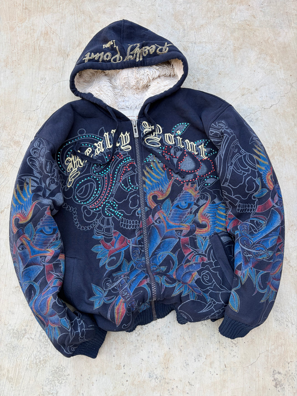 Vintage Y2K Really Point Rhinestone All-Over-Print (AOP) Sherpa-Lined Zip Hoodie XL