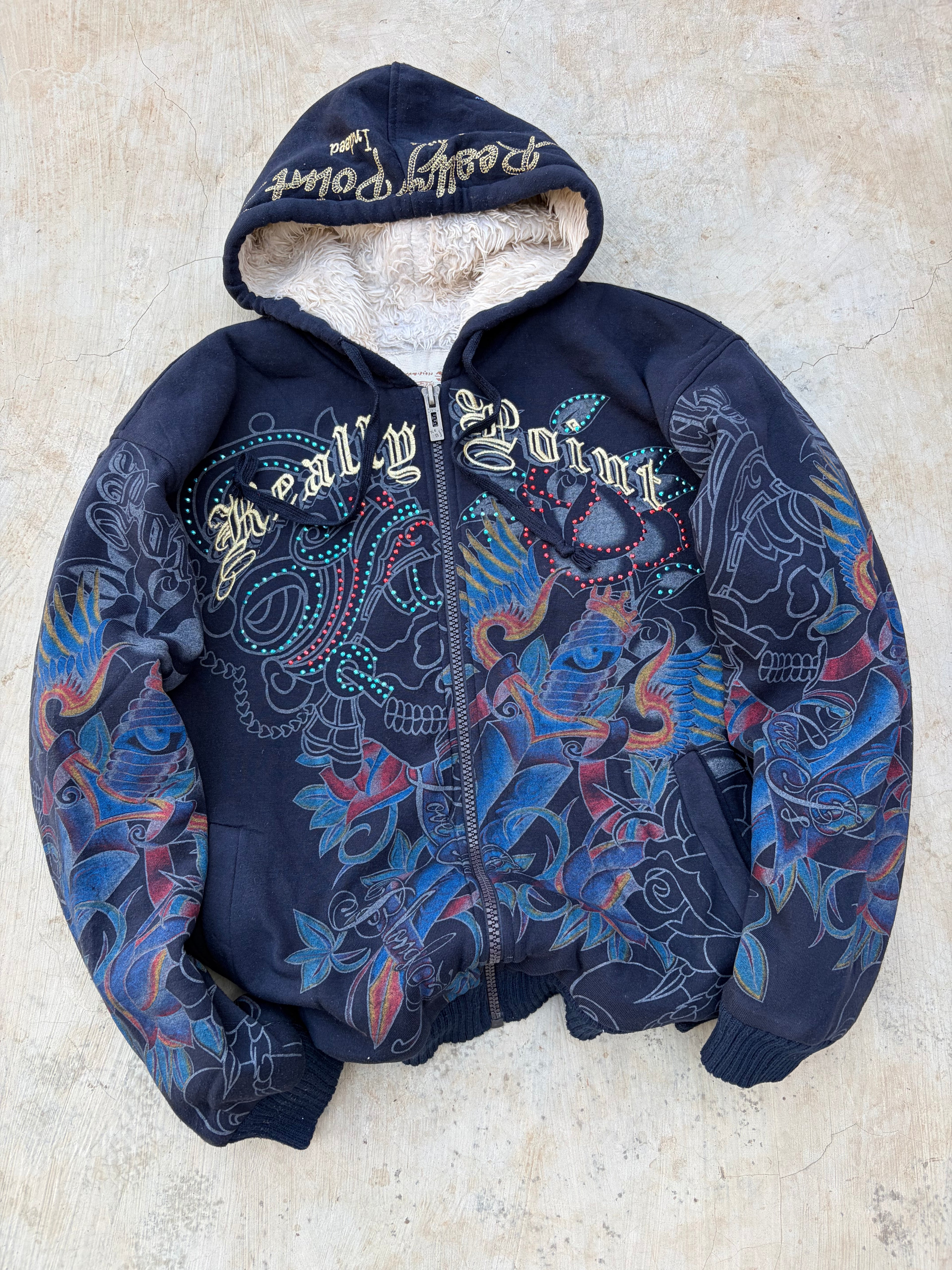 Vintage Y2K Really Point Rhinestone All-Over-Print (AOP) Sherpa-Lined Zip Hoodie XL