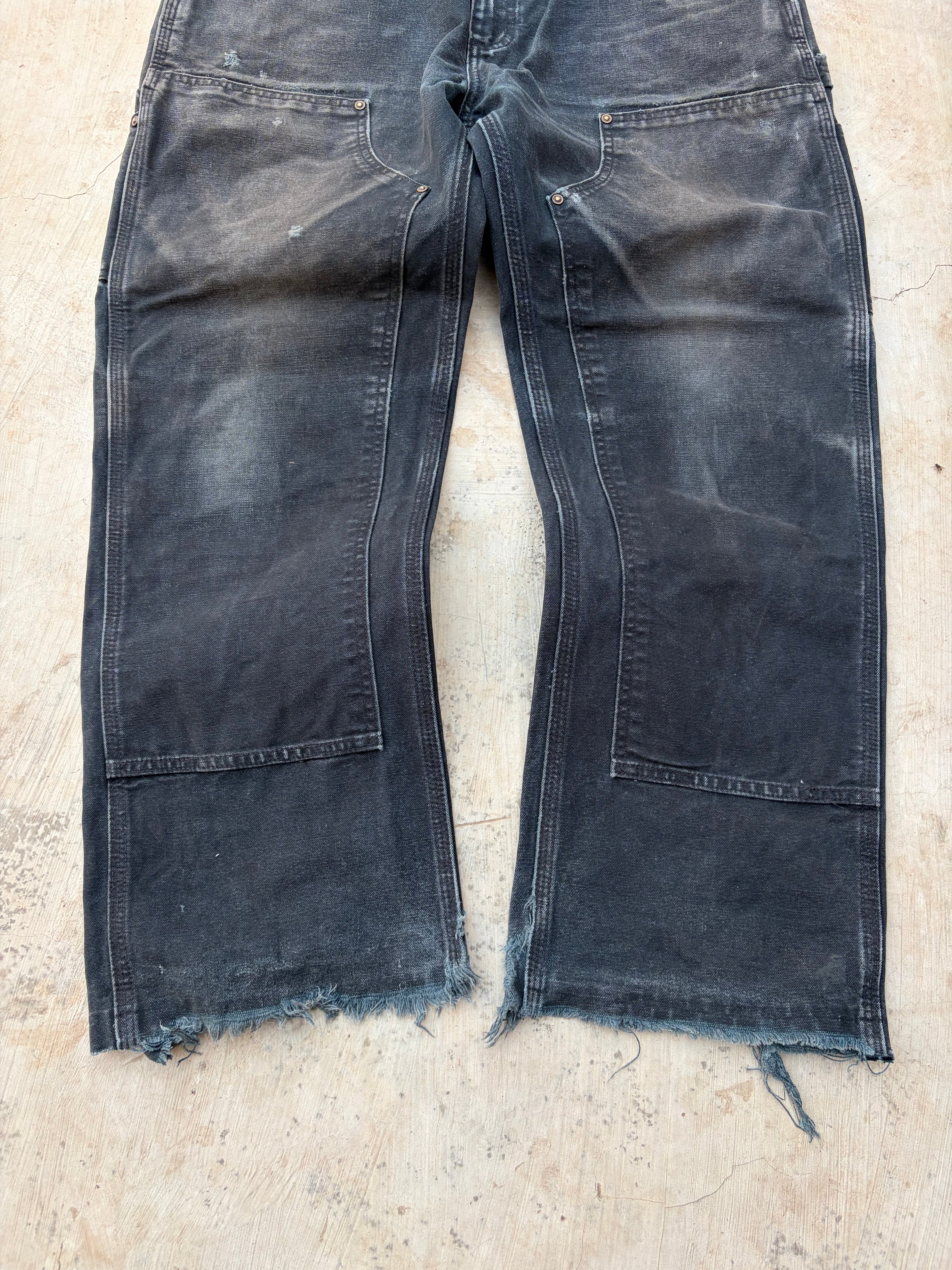 Carhartt Double Knee Carpenter Jeans DistressedFaded Black Cut Hem 34x29.5