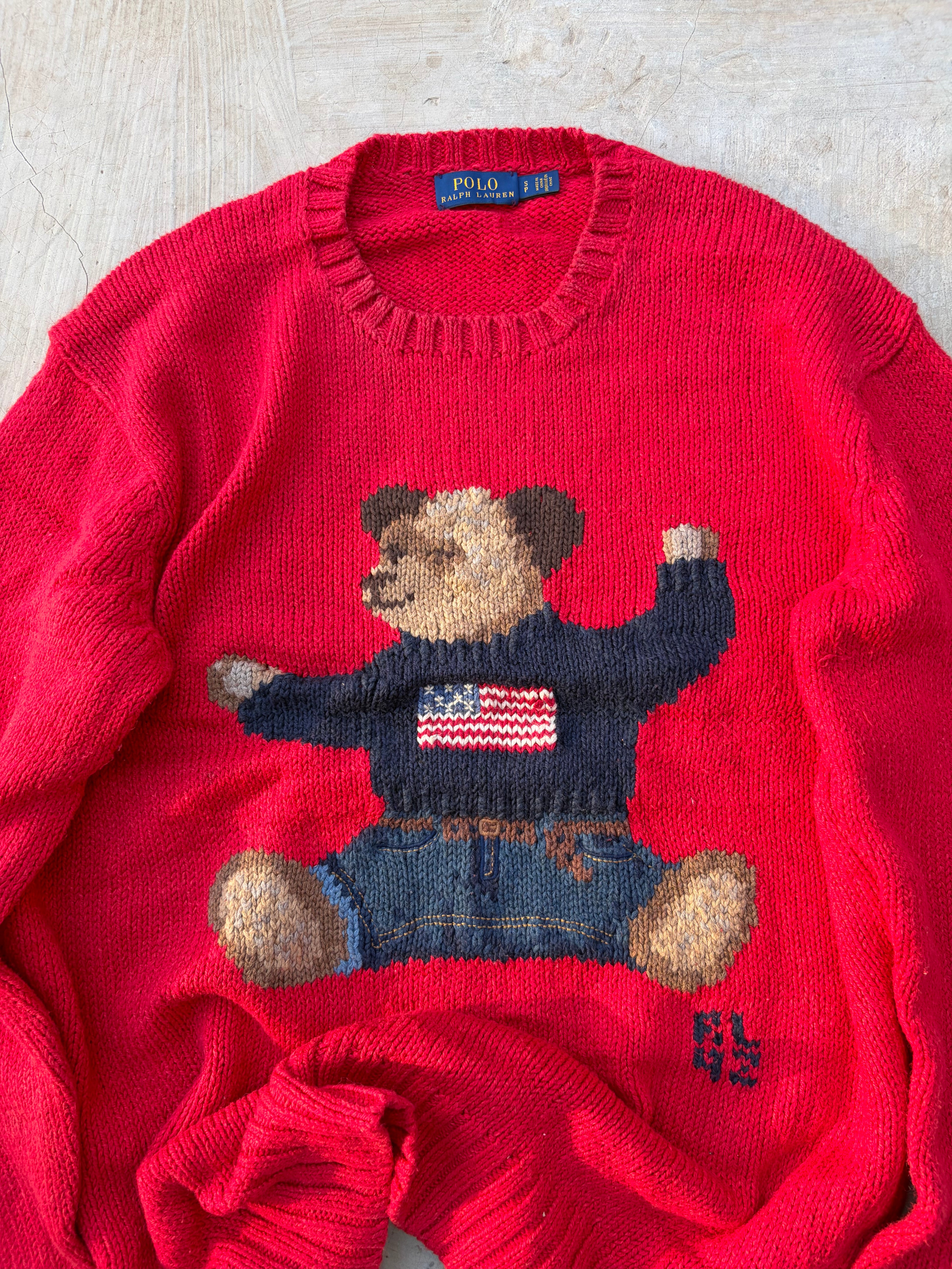 Vintage Polo Ralph Lauren Bear Knit Sweater Red Cotton L