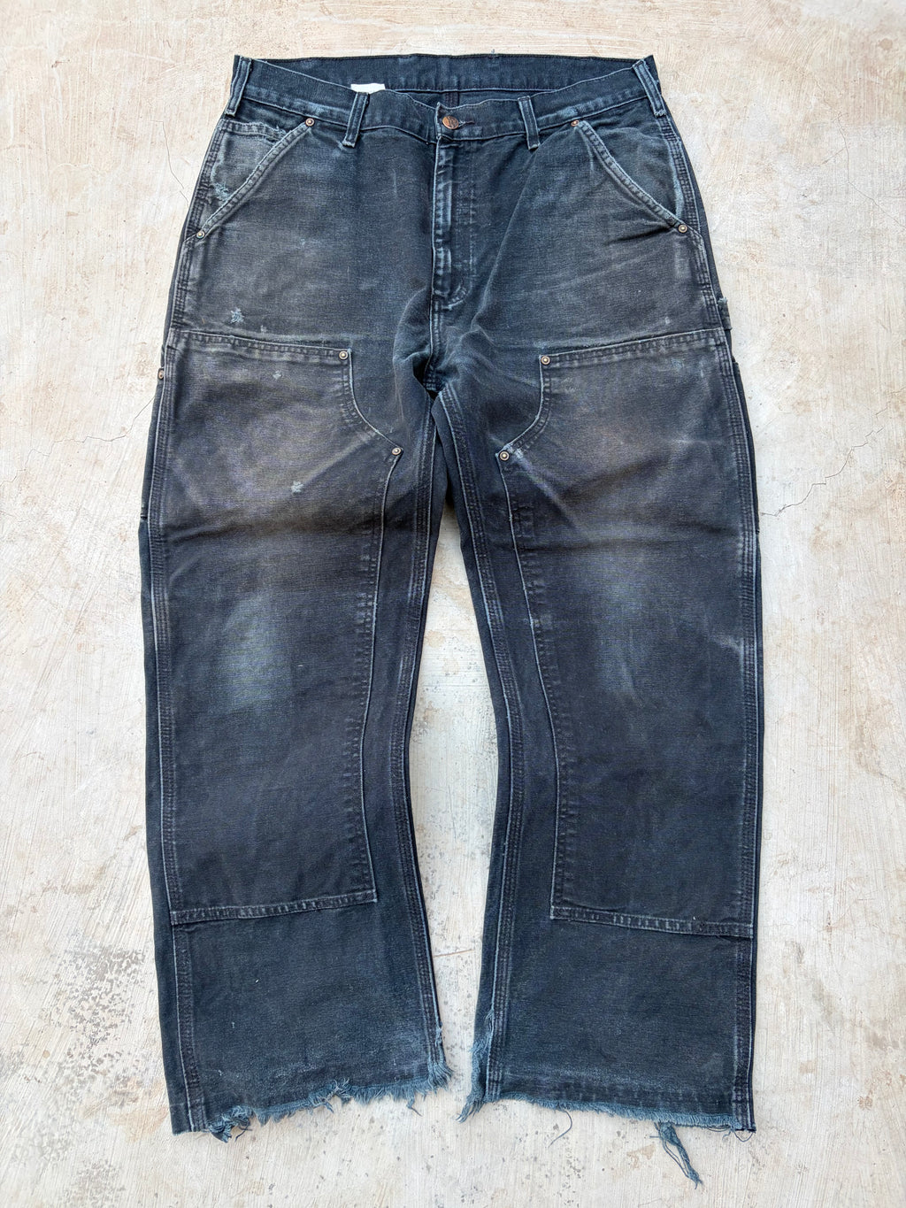 Carhartt Double Knee Carpenter Jeans DistressedFaded Black Cut Hem 34x29.5