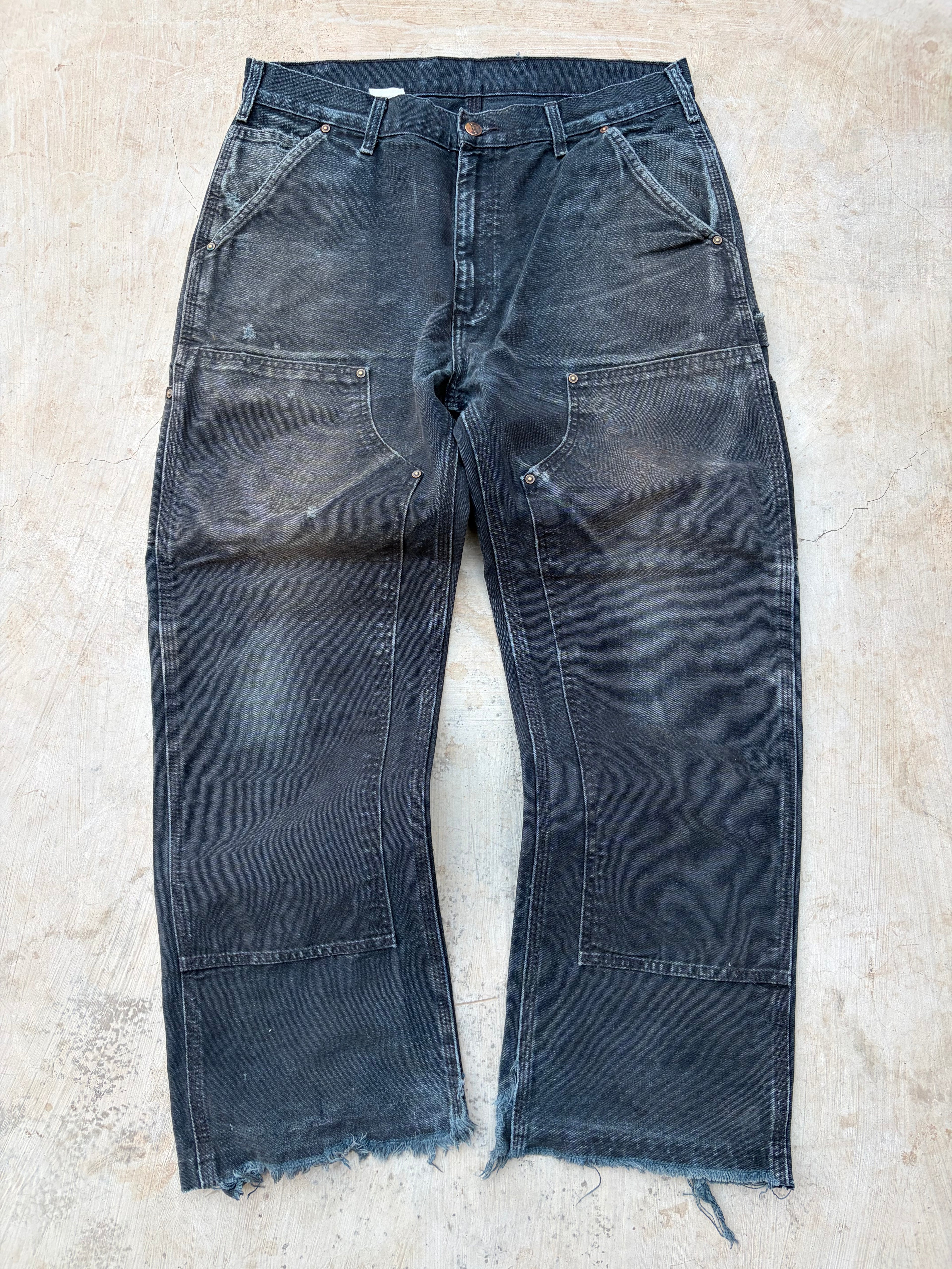 Carhartt Double Knee Carpenter Jeans DistressedFaded Black Cut Hem 34x29.5