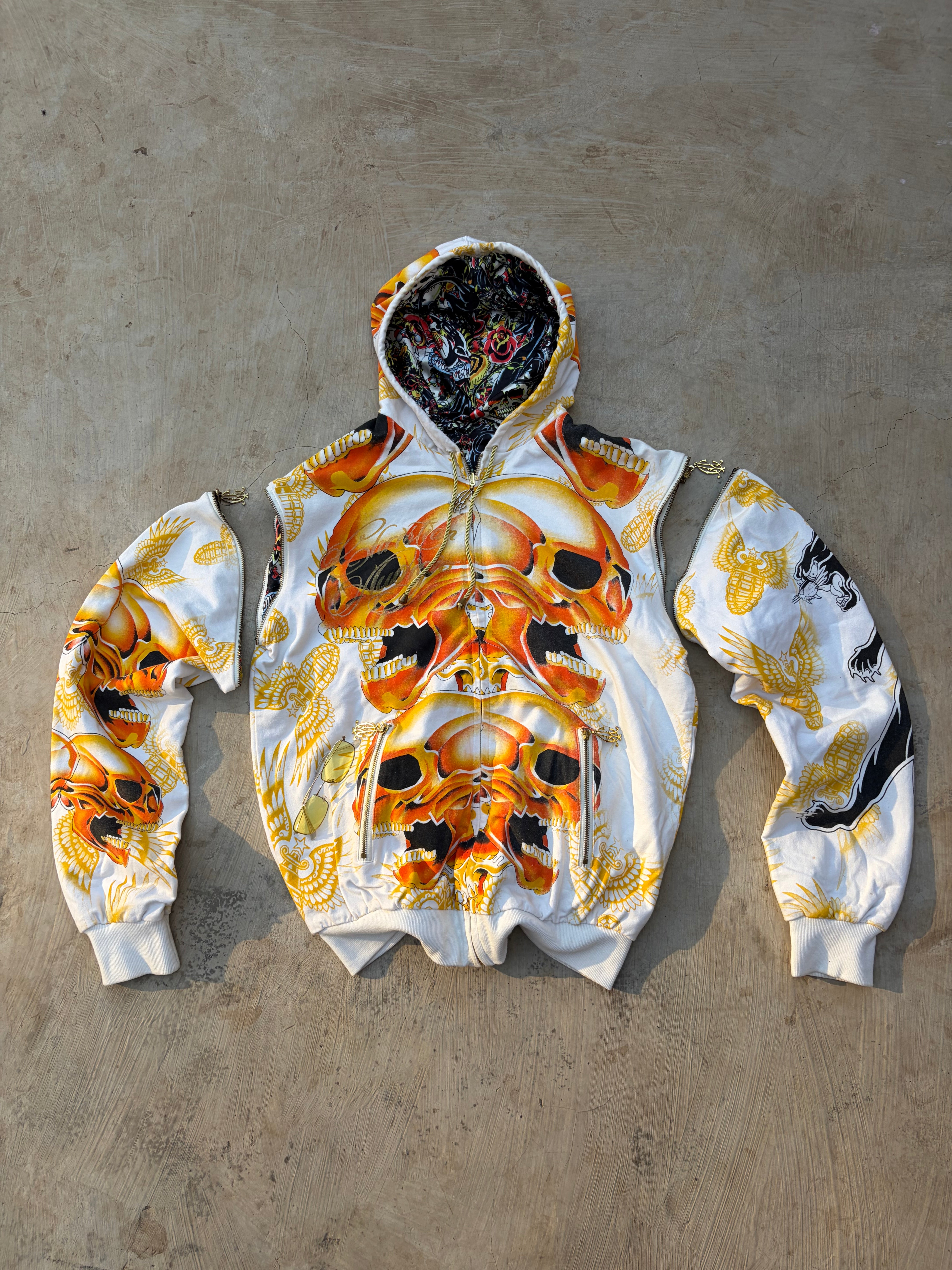 CHRISTIAN AUDIGIER 総柄 リバーシブル　y2k タトゥー　希少 Christian Audigier Reversible Skull Hoodie Detachable Sleeves Y2K