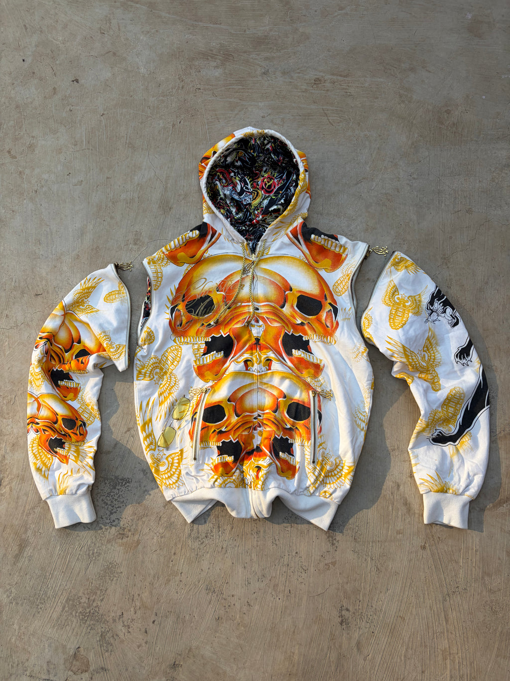 Christian Audigier Reversible Skull Hoodie Detachable Sleeves Y2K Rare L