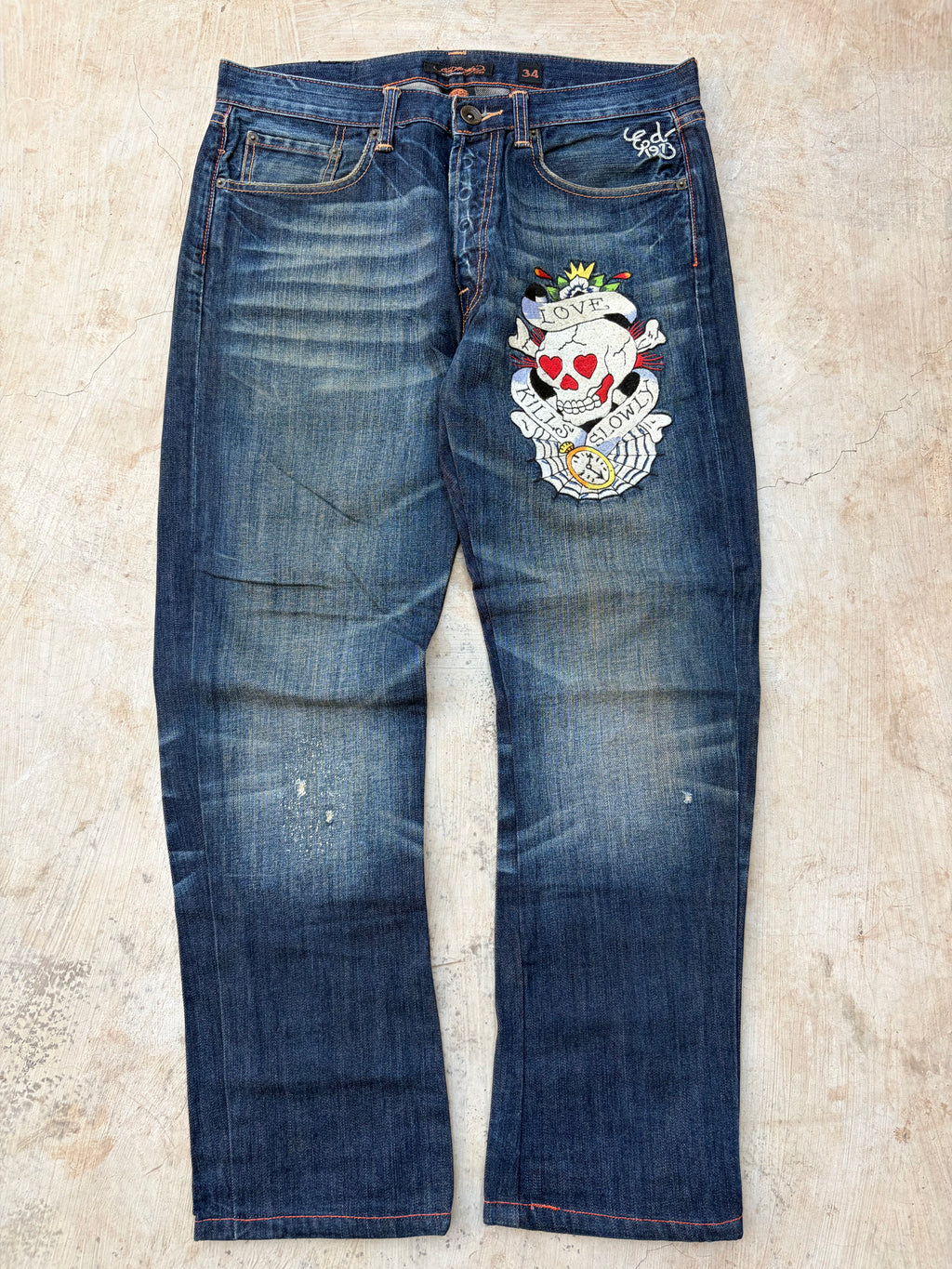 Vintage Ed Hardy Jeans Skull Embroidery Denim Y2K Straight Size 34