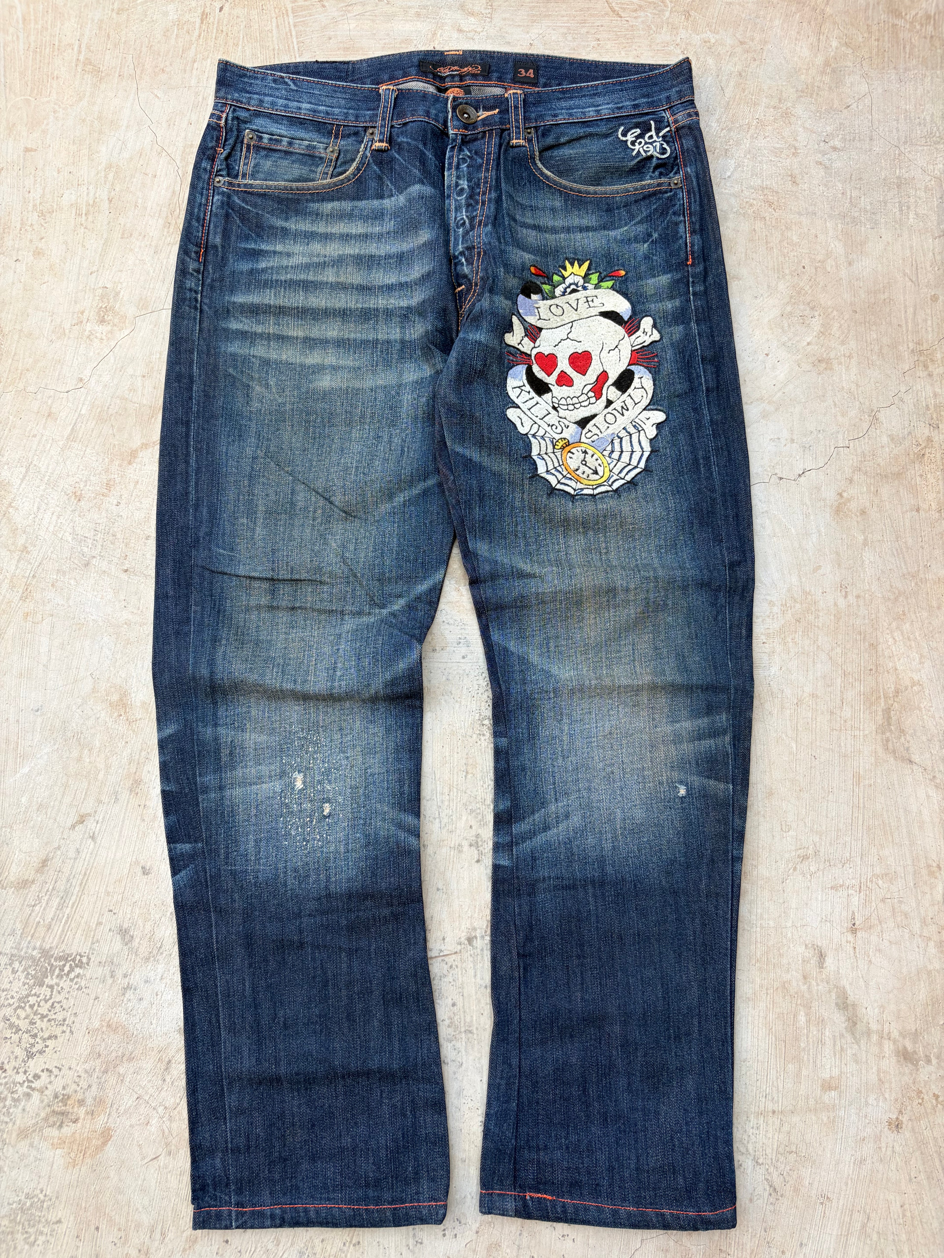 Vintage Ed Hardy Jeans Skull Embroidery Denim Y2K Straight Size 34