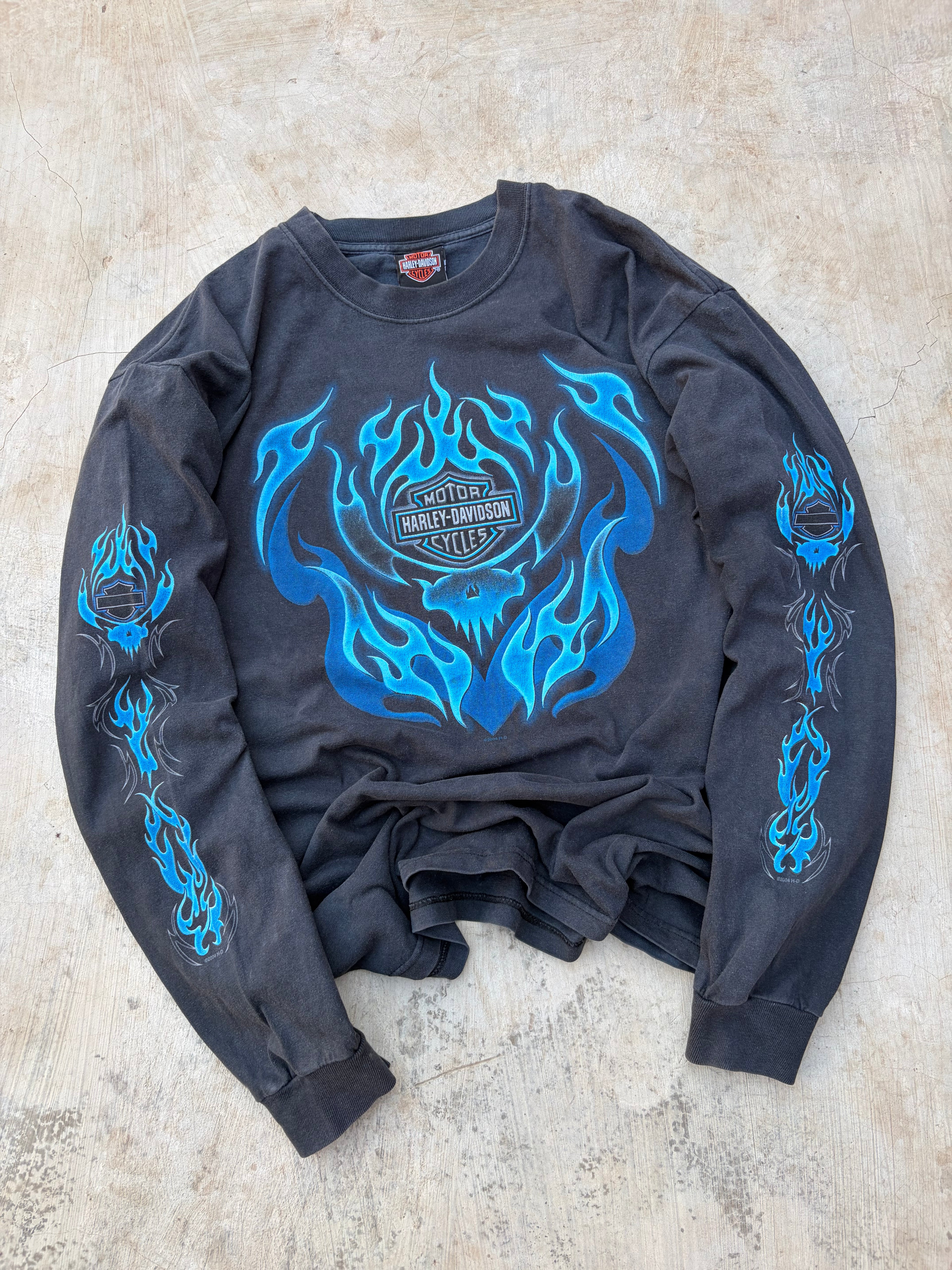 Vintage 00s Harley Davidson Blue Flame Longsleeve Tee L