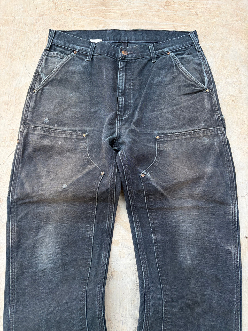 Carhartt Double Knee Carpenter Jeans DistressedFaded Black Cut Hem 34x29.5