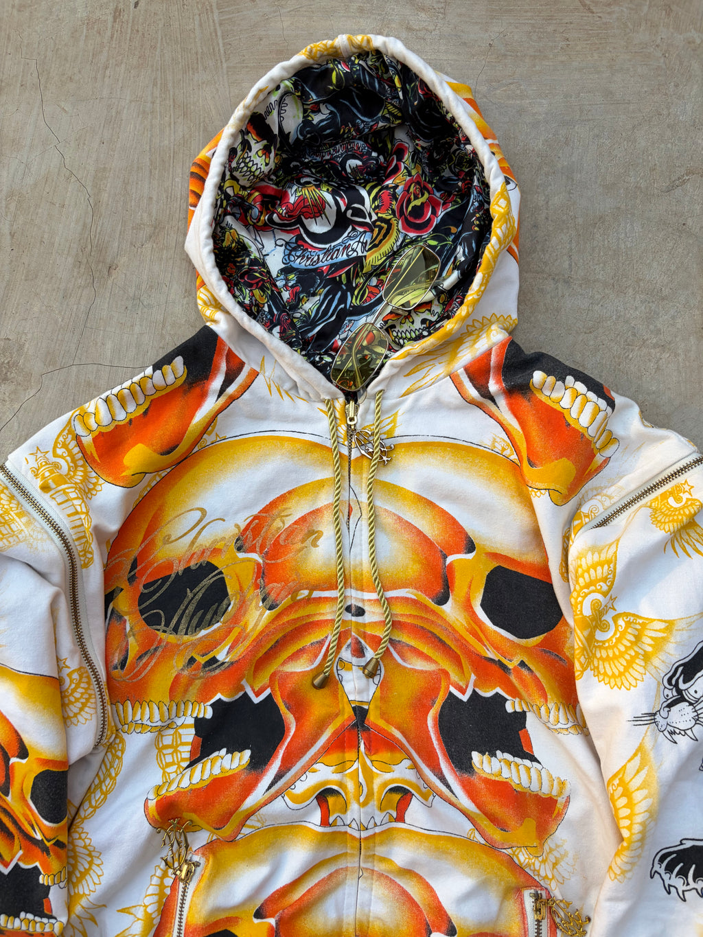 Christian Audigier Reversible Skull Hoodie Detachable Sleeves Y2K Rare L
