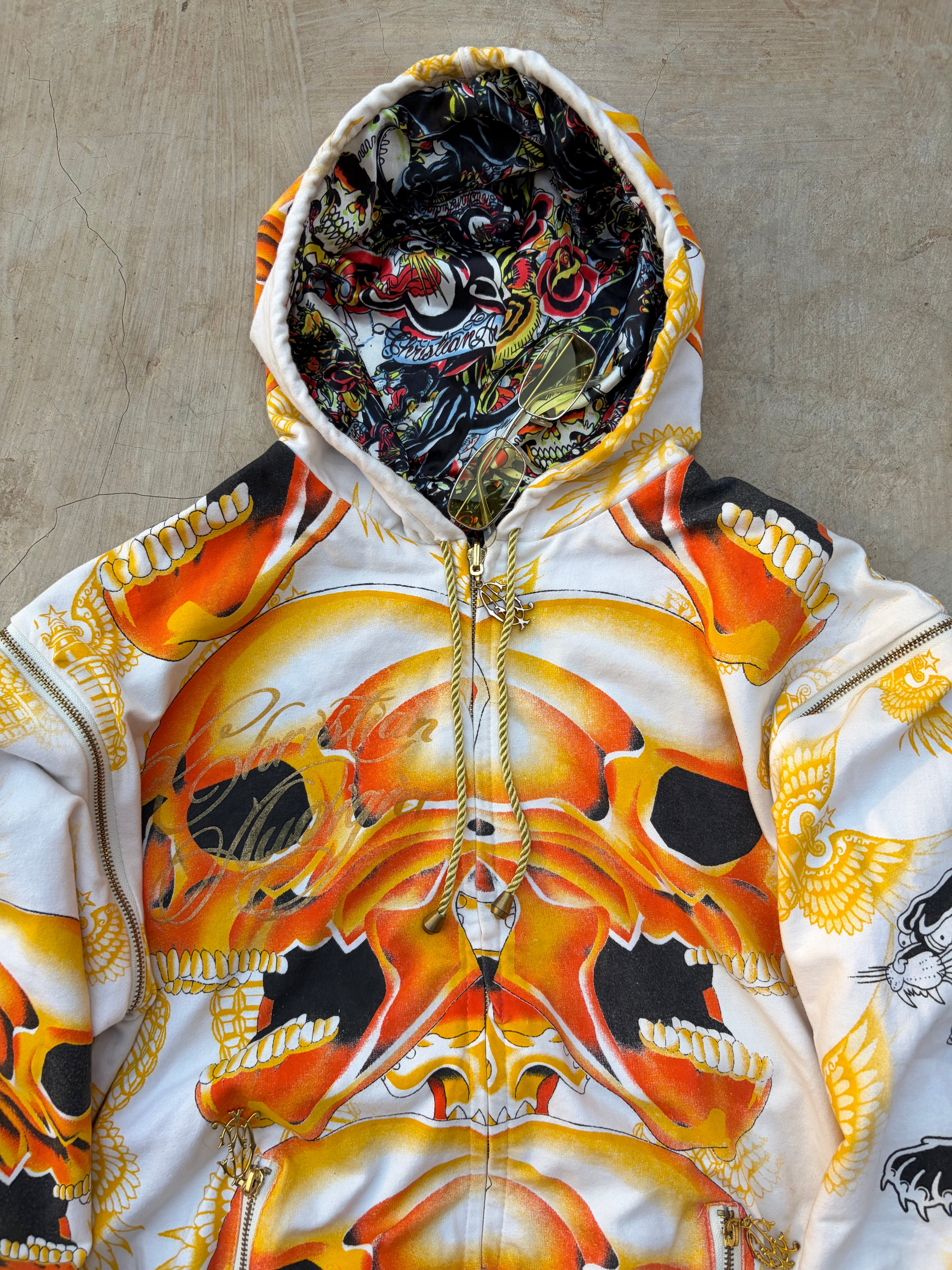 Christian Audigier Reversible Skull Hoodie Detachable Sleeves Y2K Rare L