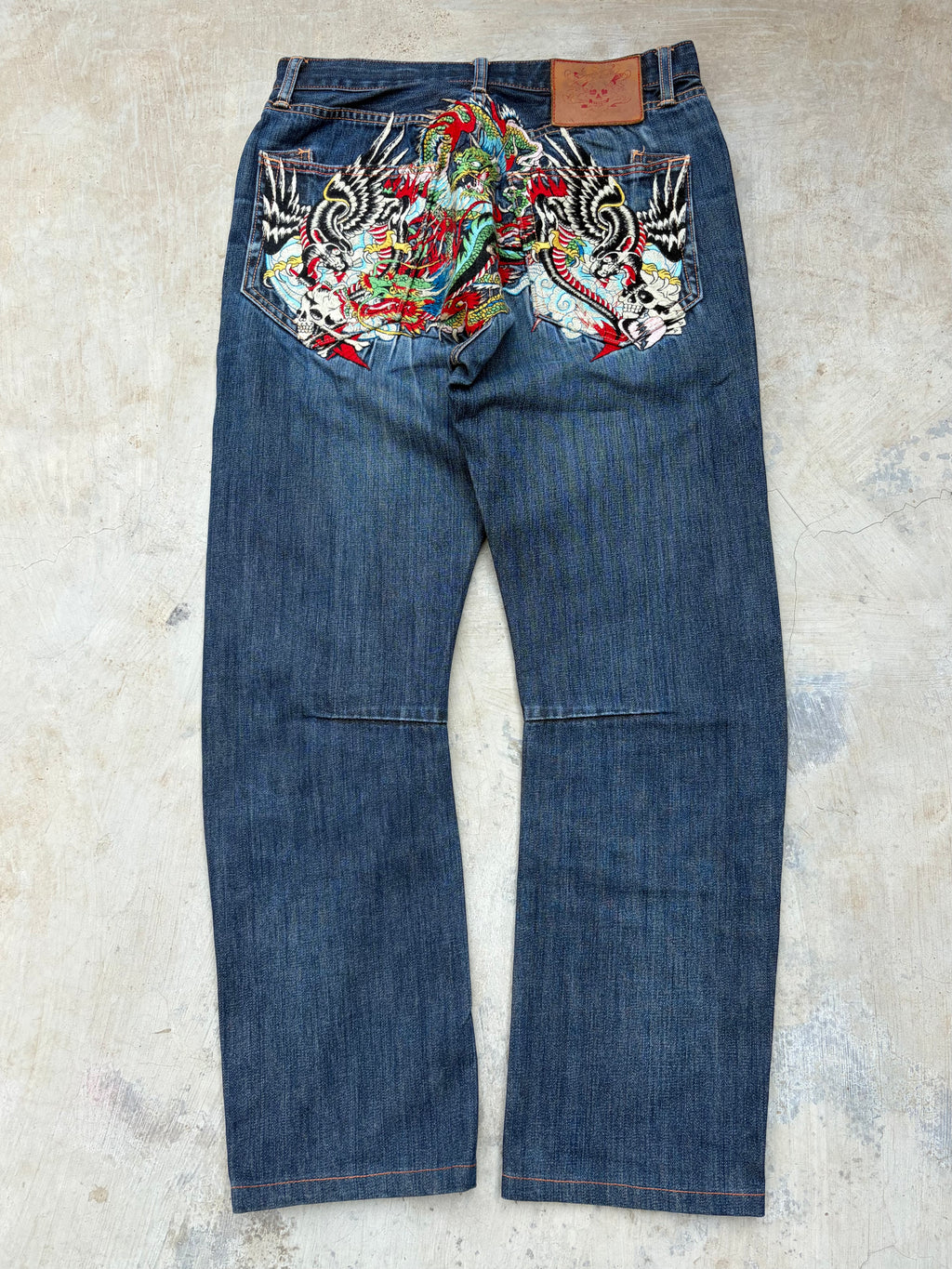 Vintage 00s Ed Hardy Dragon & Eagle Embroidered Denim Jeans 33