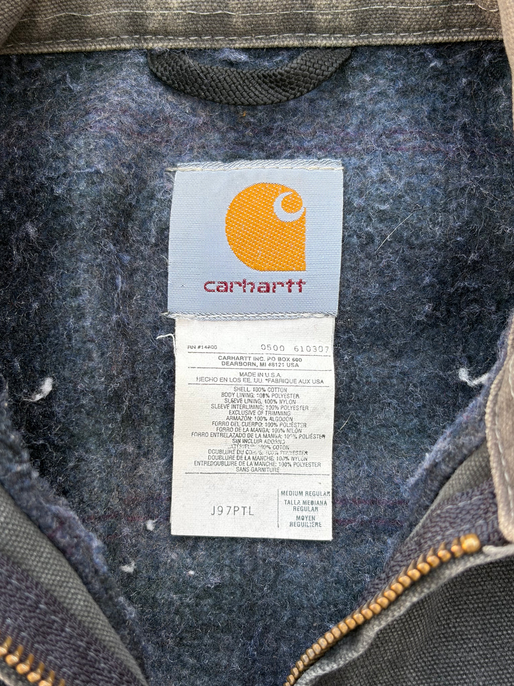 Vintage 90s Carhartt J97 PTL Detroit Jacket Black Fade Tan Collar USA Made Blanket Lined M