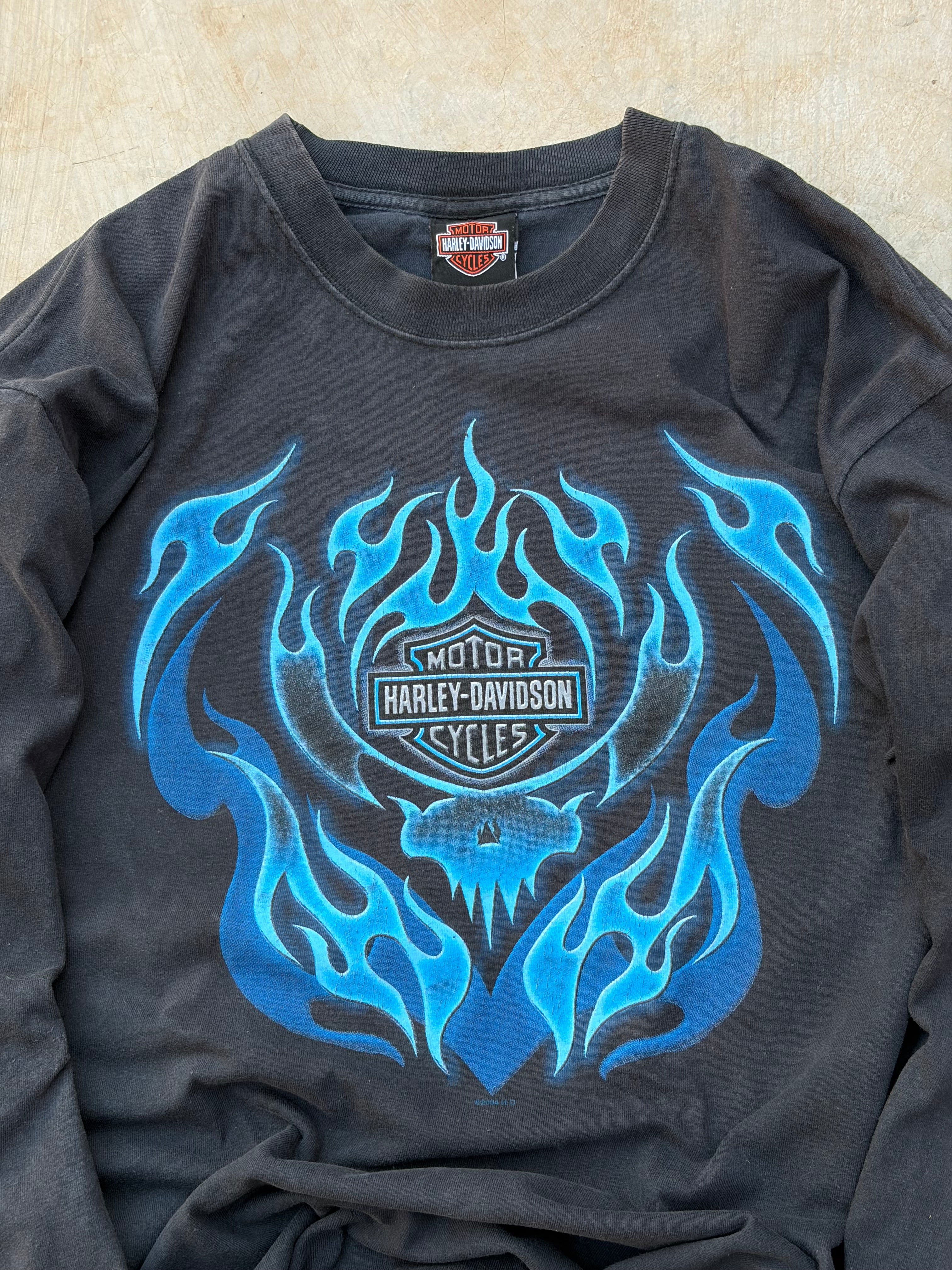 Vintage 00s Harley Davidson Blue Flame Longsleeve Tee L