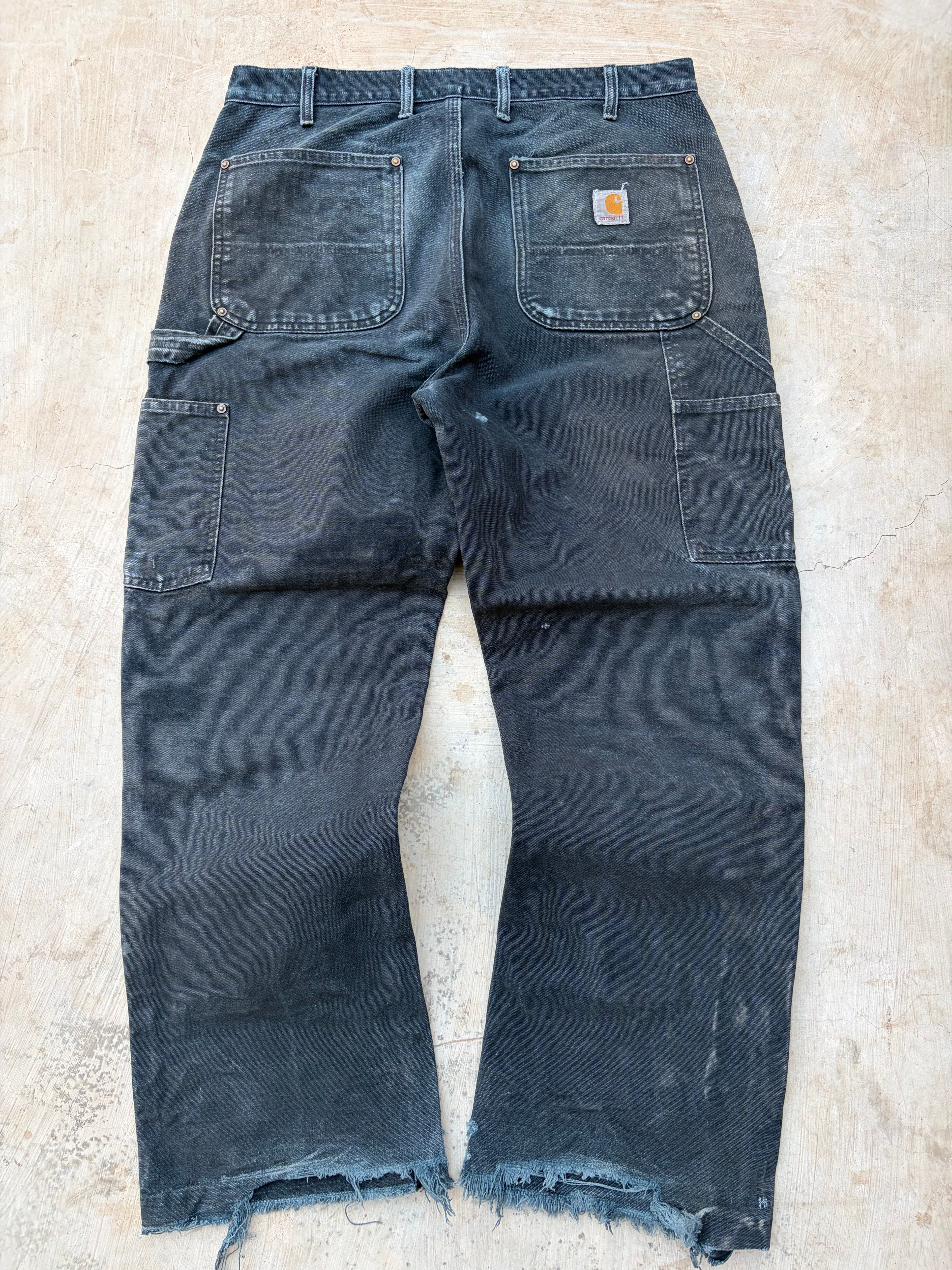 Carhartt Double Knee Carpenter Jeans DistressedFaded Black Cut Hem 34x29.5