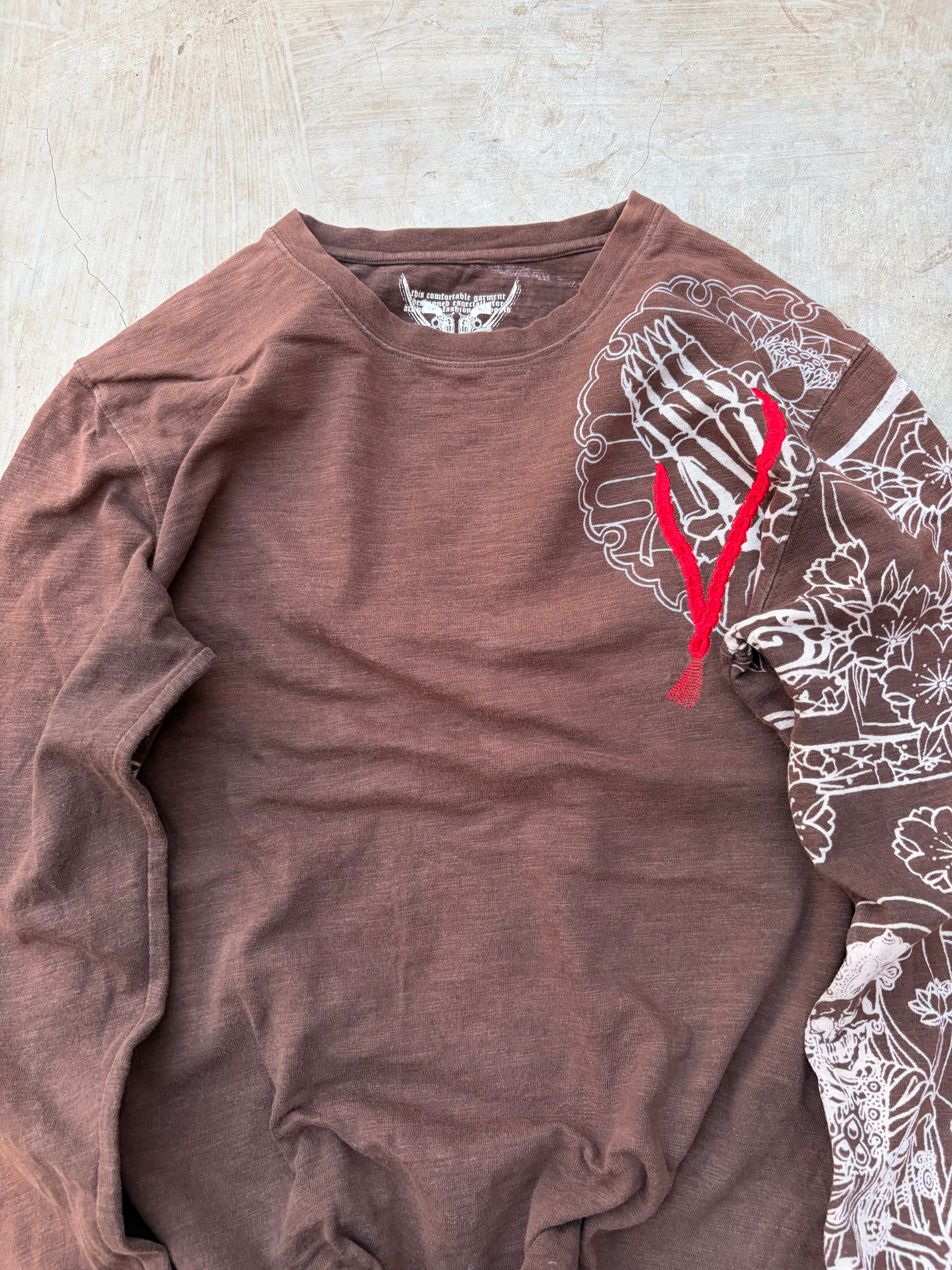 Vintage Big Train Embroidered Graphic Long Sleeve Tee Brown Tribal Skull Y2K M/L