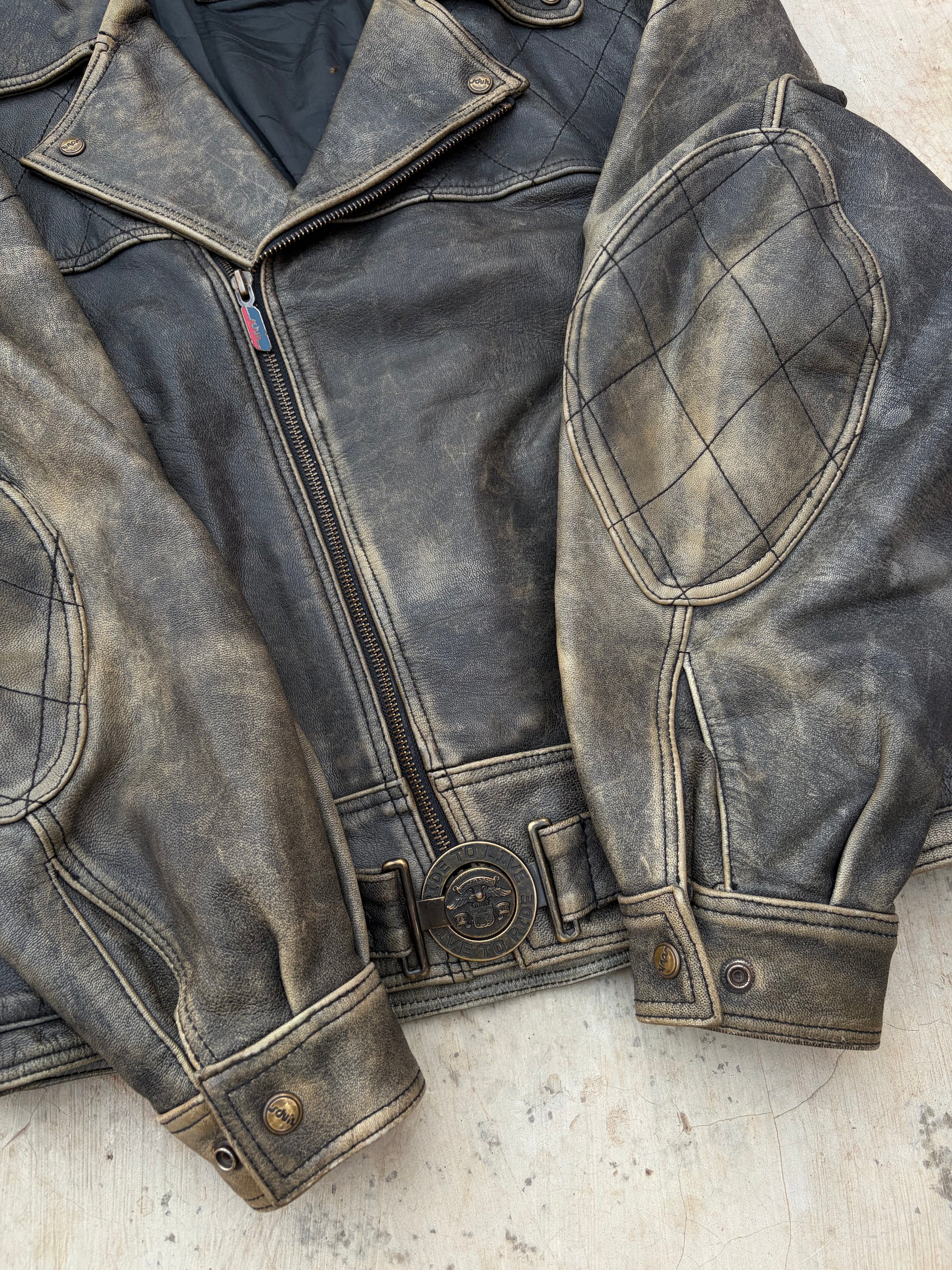 Vintage 90s Sunfaded Leather Biker Jacket XL