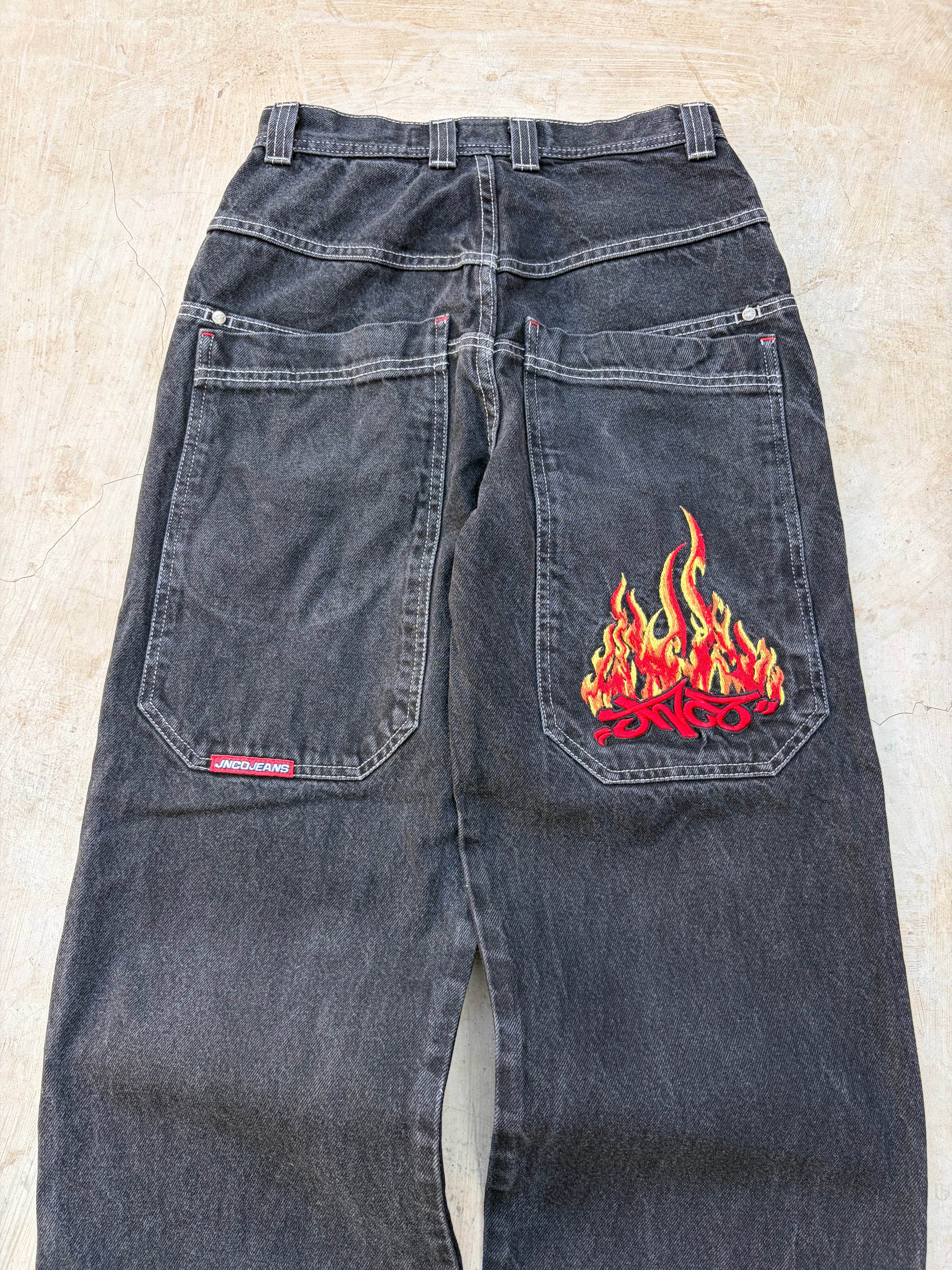 JNCO Jeans Vintage Black Denim Flame Logo Wide Leg Baggy Skater Y2k 28