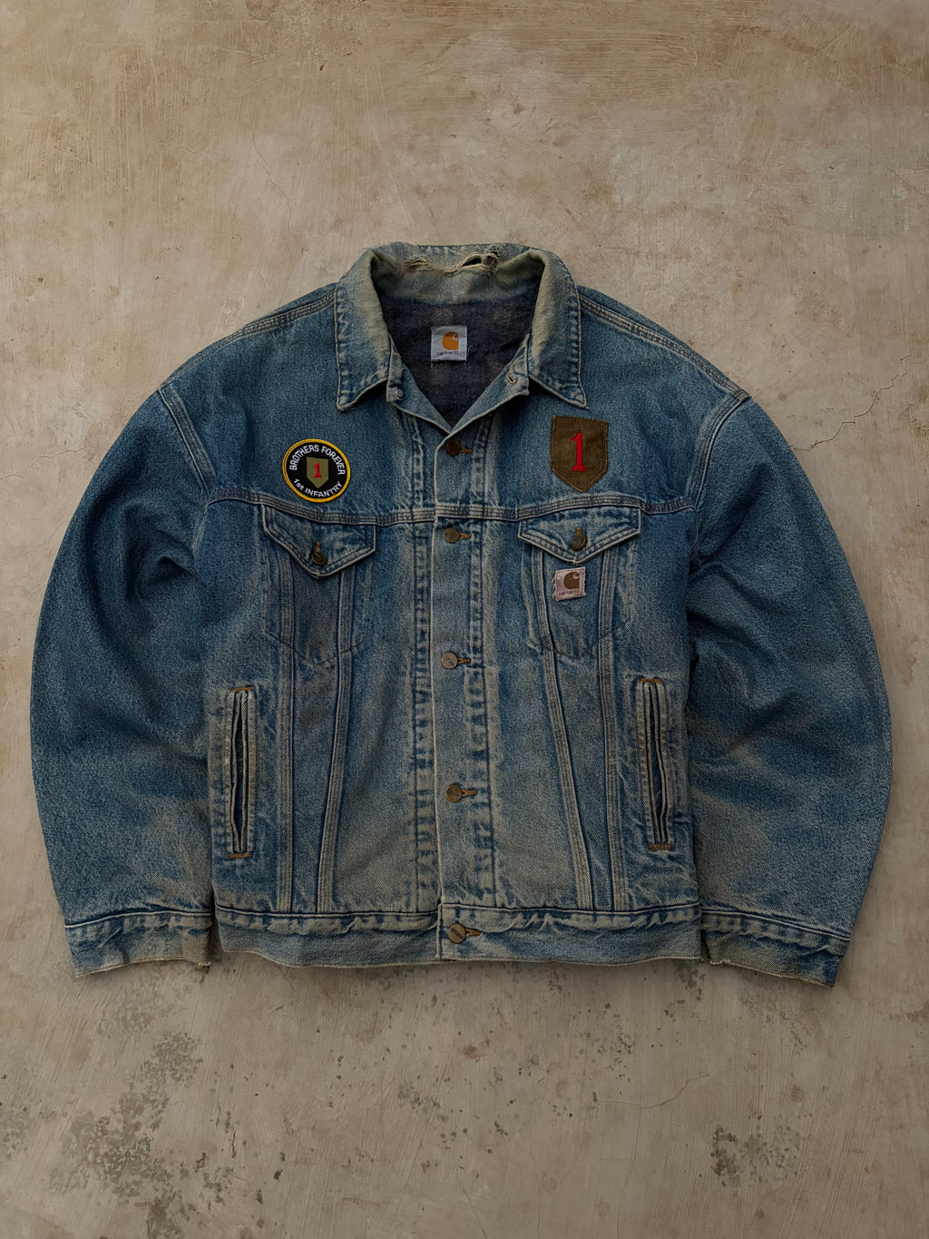 Vintage 90s Carhartt Denim Jacket 1st Infantry Division Vietnam Veteran XL