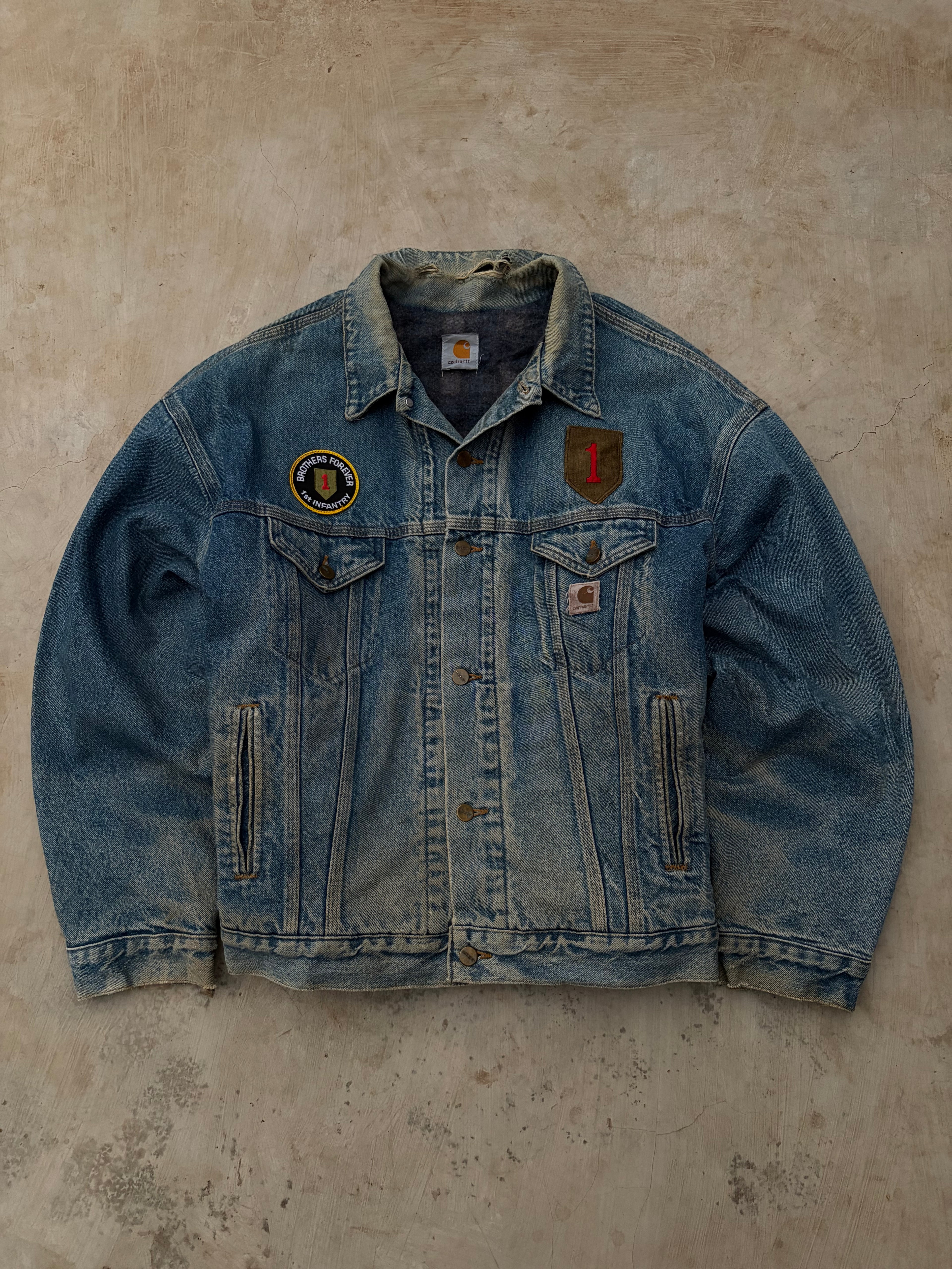 Vintage 90s Carhartt Denim Jacket 1st Infantry Division Vietnam Veteran XL