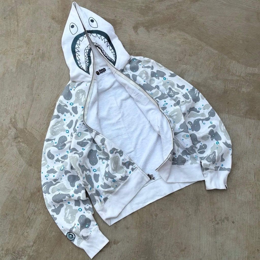 Bape White Camo Shark Zip Up Hoodie (Glow in the Dark) L