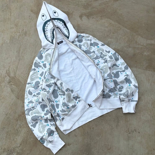 Bape White Camo Shark Zip Up Hoodie (Glow in the Dark) L