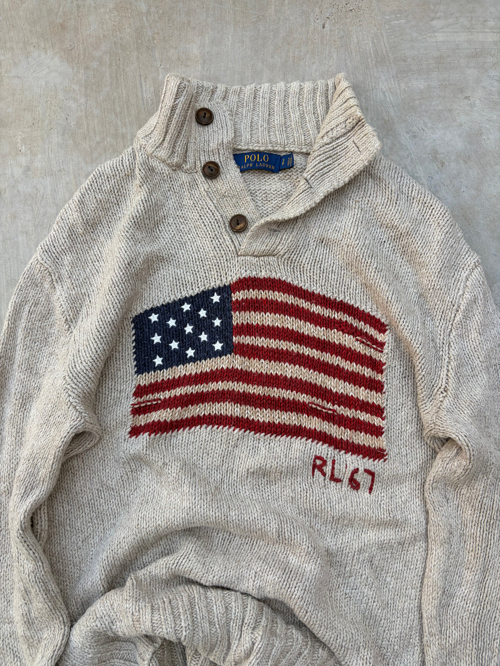 Vintage Polo Ralph Lauren USA Flag Shawl Collar Sweater S/M