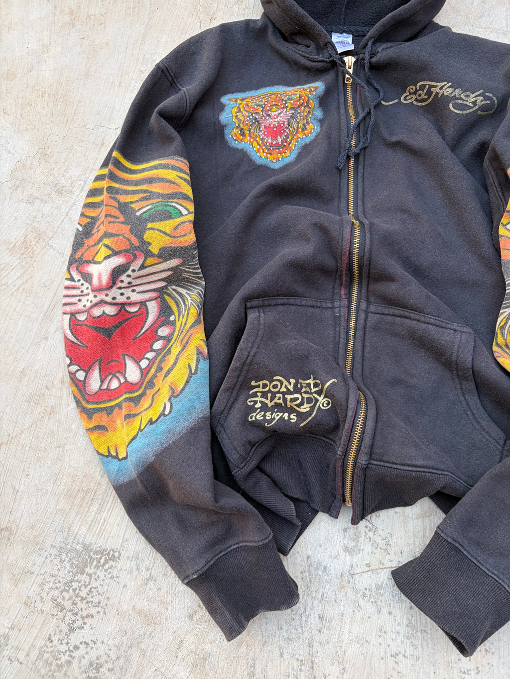 00s Ed Hardy Rhinestone Tiger Graphic Zip-Up Hoodie L