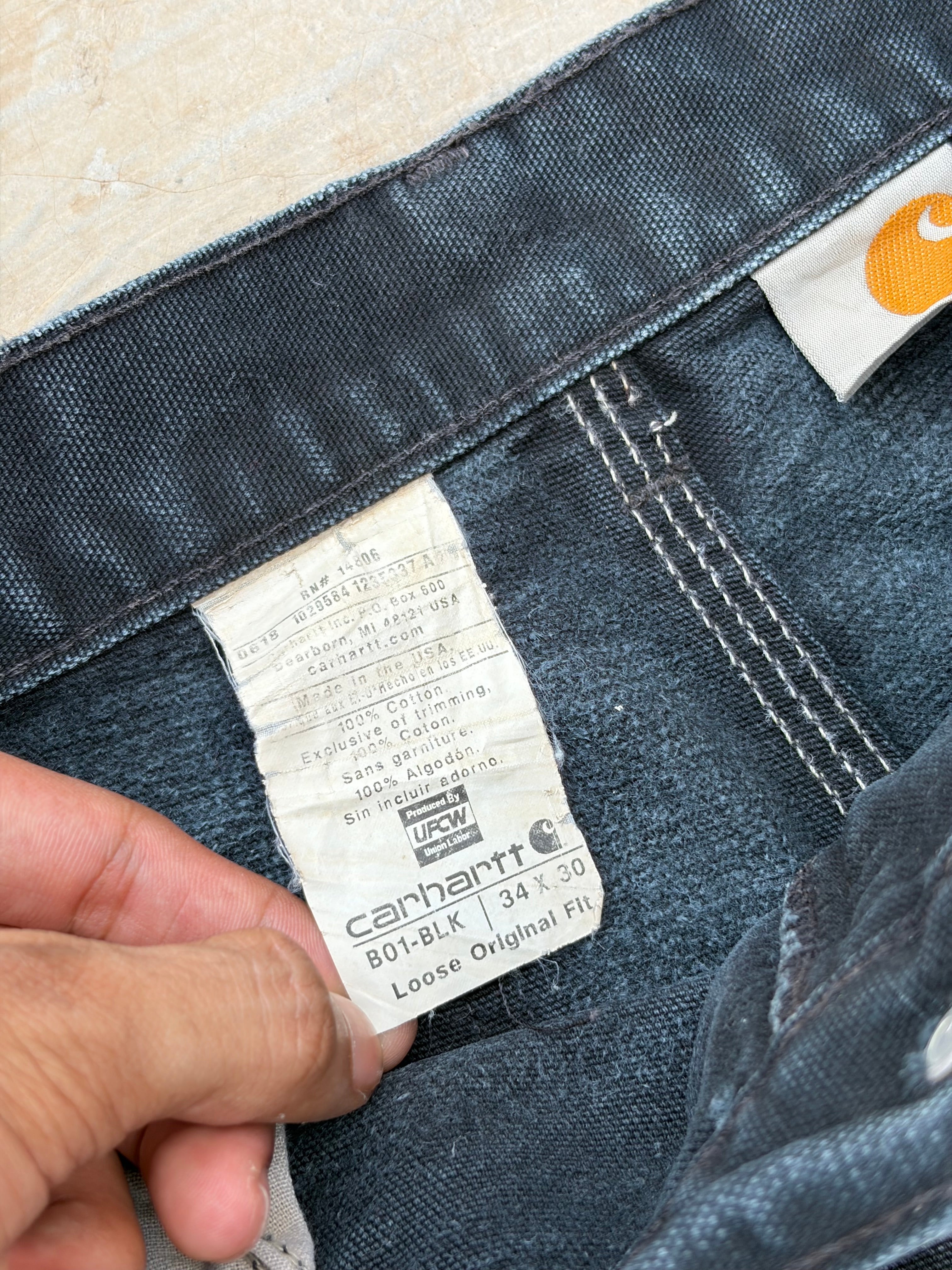 Carhartt Double Knee Carpenter Jeans Distressed Faded Black Workwear 34×30